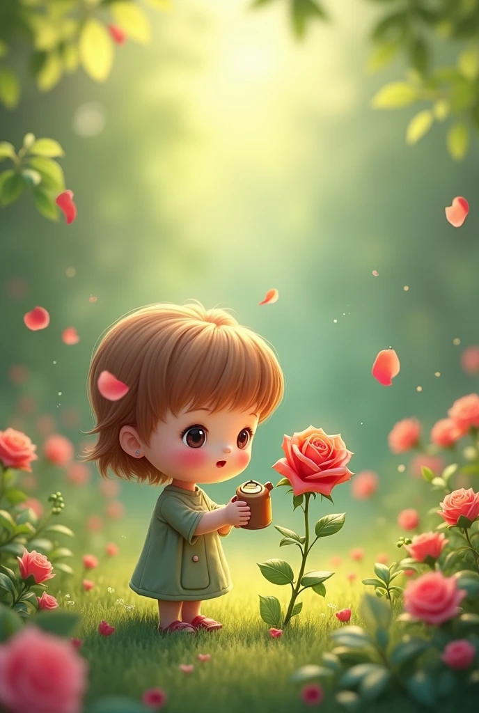 
an eight year old girl with chocolate colored hair without bangs with medium length hair, It is in his grandfather&#39;s orchard , She is surrounded by many flowers but she is talking to a rose