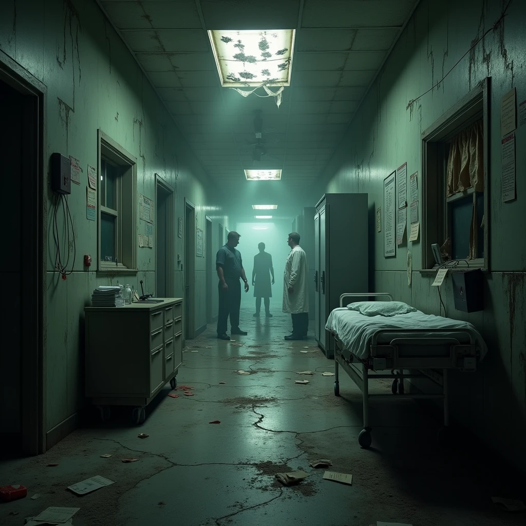 The virus finally starts, consuming the faces of man, zombie eyes, Torn and bloody clothes, Watching the scenes, the narrow and scary corridor at the bottom, volumetric lighting, real-life, wide angle, very detailled, low-contrast, horor