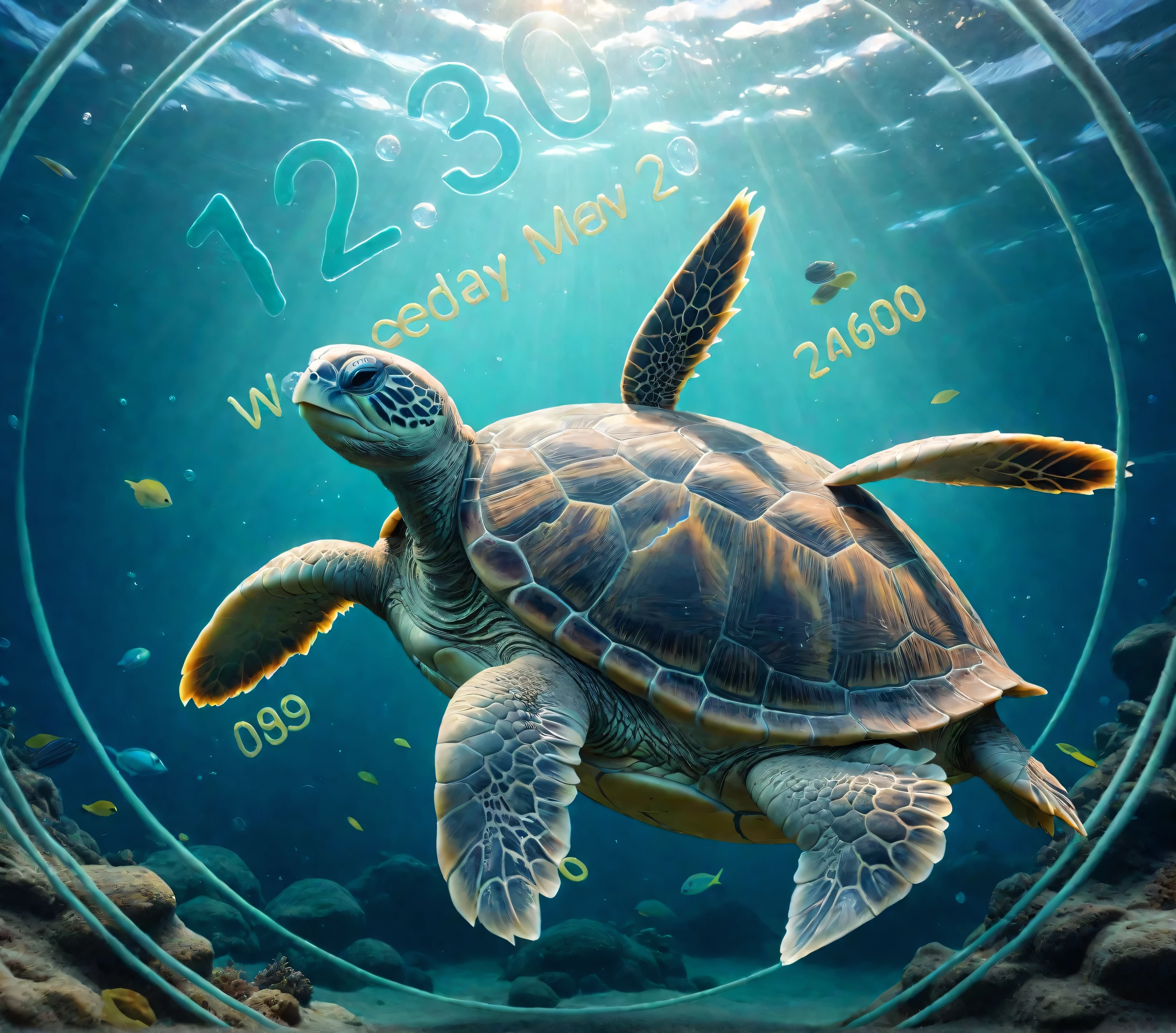  underwater turtle illustration design, 2D graphic illustration ，Holographic interface,  amazing details of the whole body , (close up, close upcamera,   have accurate characteristics  