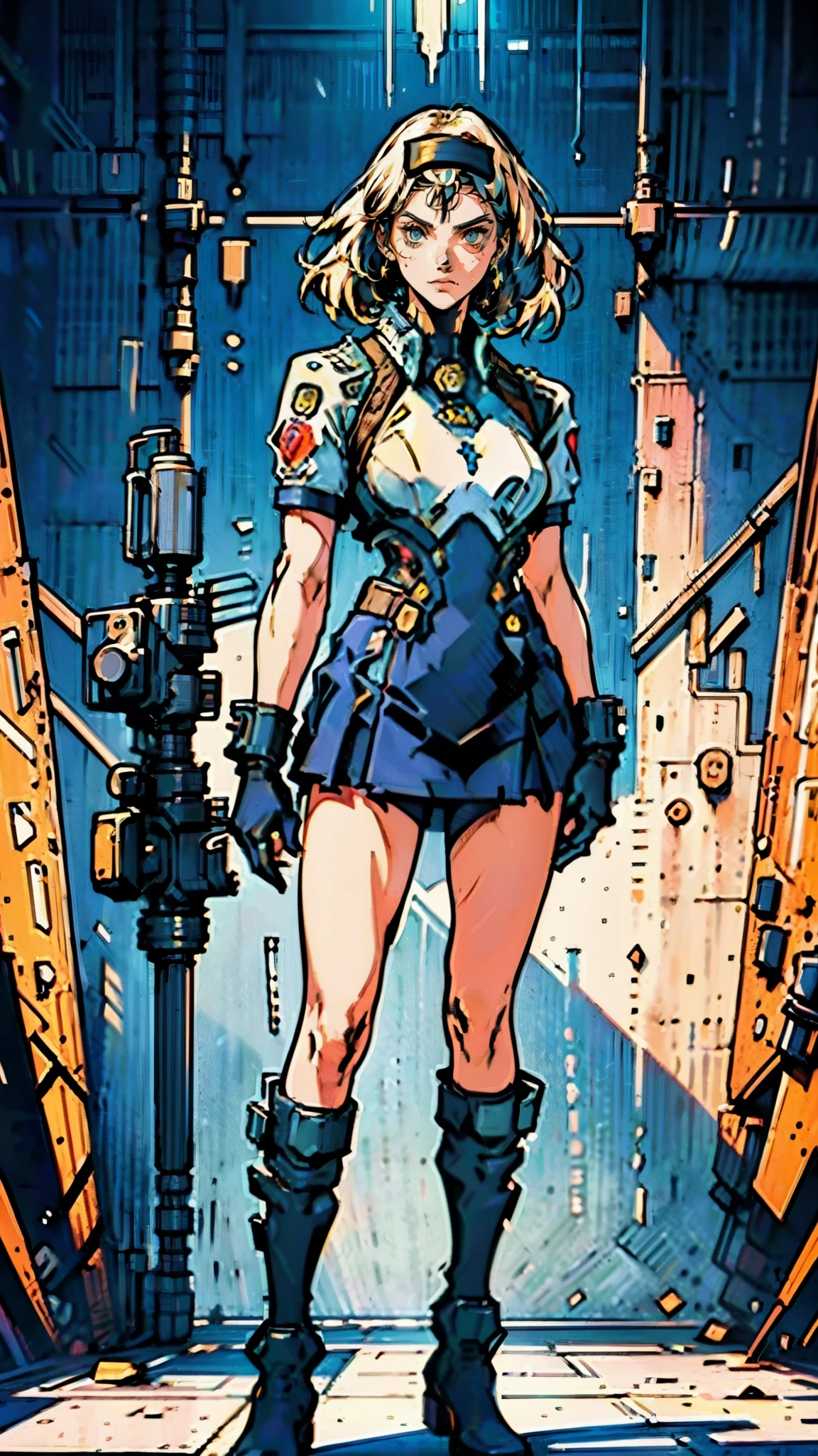 (masterpiece:1.2, best quality:1.2, extremely delicate:1.2), ((Alexandra Daddario:1.2)), a girl with short light golden hair, a metal headband on her forehead, icy gaze, detached expression, smooth and exquisite facial appearance, perfect body, perfect skin, porcelain skin, pale skin, sci-fi military uniform, short sleeves, gloves, short skirt integrated with the outfit, dark fitted pants, knee-high military boots, the color scheme is primarily White with Blue and Yellow accents, surrounded by AR virtual interfaces, standing in a futuristic sci-fi-styled room, this character embodies a finely crafted futuristic sci-fi female officer in anime style, exquisite and mature art style, exquisite photography, Photo realism, photorealistic, even and soft lighting on face, dramatic, high definition, highres, ultra-detailed, ultra-fine painting, professional, perfect body proportions, anatomically correct, symmetrical face, extremely detailed eyes and face, high quality eyes, creativity, RAW photo, UHD, 32k, portrait lighting, Natural light, cinematic lighting, (masterpiece-anatomy-perfect:1.2)