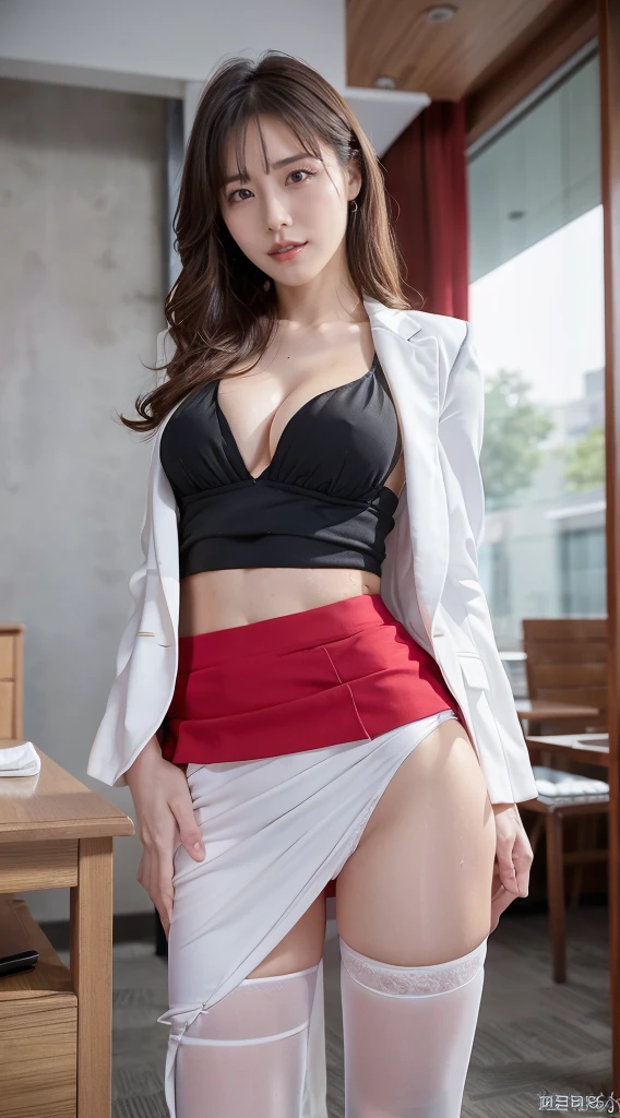 masterpiece(:1.3), Highest quality,超High resolution,High resolution, Highest quality,8k,16K,極めてdetailed,detailed,Full body photo,Japanese,Beauty,Model body type,Golden Ratio Style,Narrow waist,Long, slender legs,Brown wavy hair,career woman,business suit,Put on a black jacket,Her red bra is visible through her white shirt, which is open to the chest.(Ultra-thin fabric),Brown pantyhose,Black tight skirt(Long side slits),pumps,necklace,Earrings,ring,,Hair blowing in the wind,(A snapshot of a break in the office),