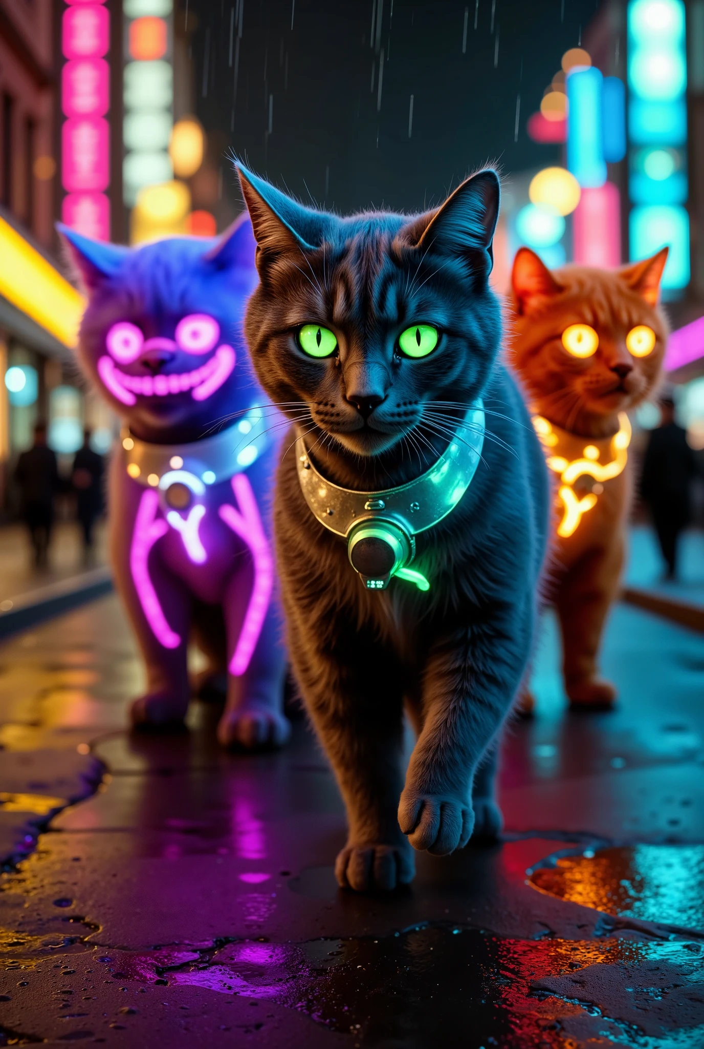 Create an ultra-realistic, cinematic scene featuring a gang of neon-lit cats prowling through a rain-soaked, neon-lit cyberpunk city street at night. Each cat’s fur glows with unique neon colors—electric blues, vibrant purples, and vivid pinks—casting an otherworldly glow around them as they move in unison. Their eyes shine in intense neon greens and yellows, reflecting the city's lights with a piercing, mysterious gaze. The gang is framed against a gritty urban backdrop of towering skyscrapers lined with neon signs, holographic billboards, and flickering advertisements. Reflections from the neon lights ripple across the wet pavement, adding depth and atmosphere to the scene. Light rain falls, highlighting the cats’ illuminated fur and creating a dramatic, immersive cyberpunk effect. Captured from a low angle with a 35mm f/1.8 lens, the shot emphasizes the cats’ unity and power, with a shallow depth of field for a cinematic focus on their forms. Inspired by the styles of Ridley Scott and Denis Villeneuve, the scene blends high contrast, sharp details, and vibrant colors, creating a visually stunning, award-winning cyberpunk masterpiece.