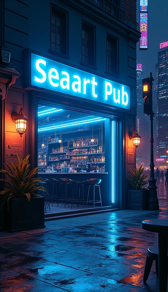 Night Time、“Seaart cyber pub” neon sign、 blue neon sign 、Bar entrance 、chic appearance 、