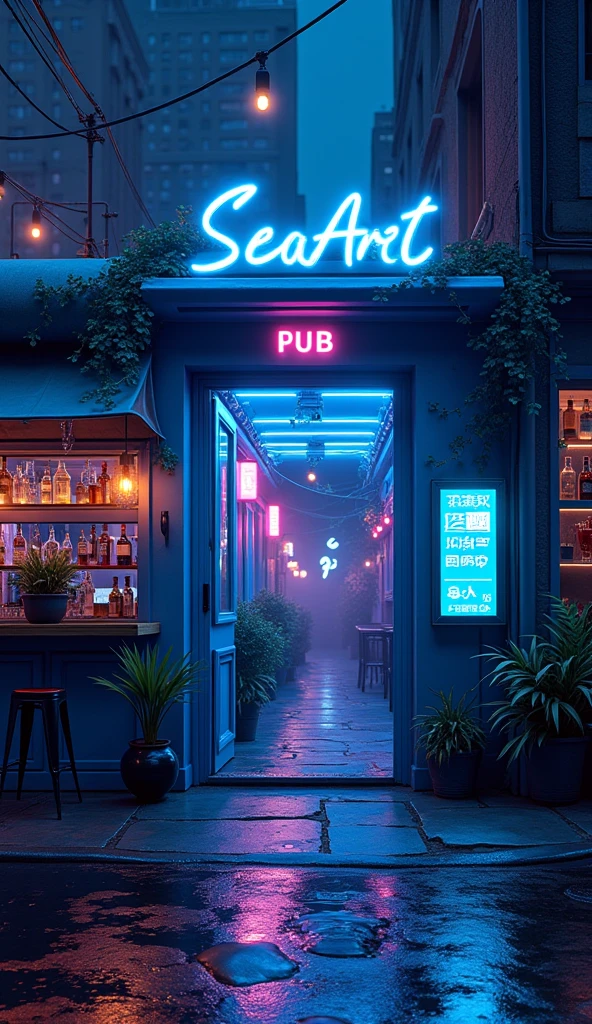 Night Time、“Seaart cyber pub” neon sign、 blue neon sign 、Bar entrance 、chic appearance 、