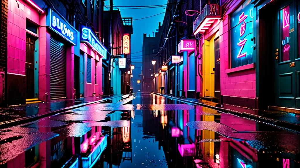  A rain-soaked alleyway with puddles reflecting vibrant neon signs in blues and pinks. Old-fashioned street lamps create pools of light, adding a moody, cinematic feel to the narrow, shadowy space.