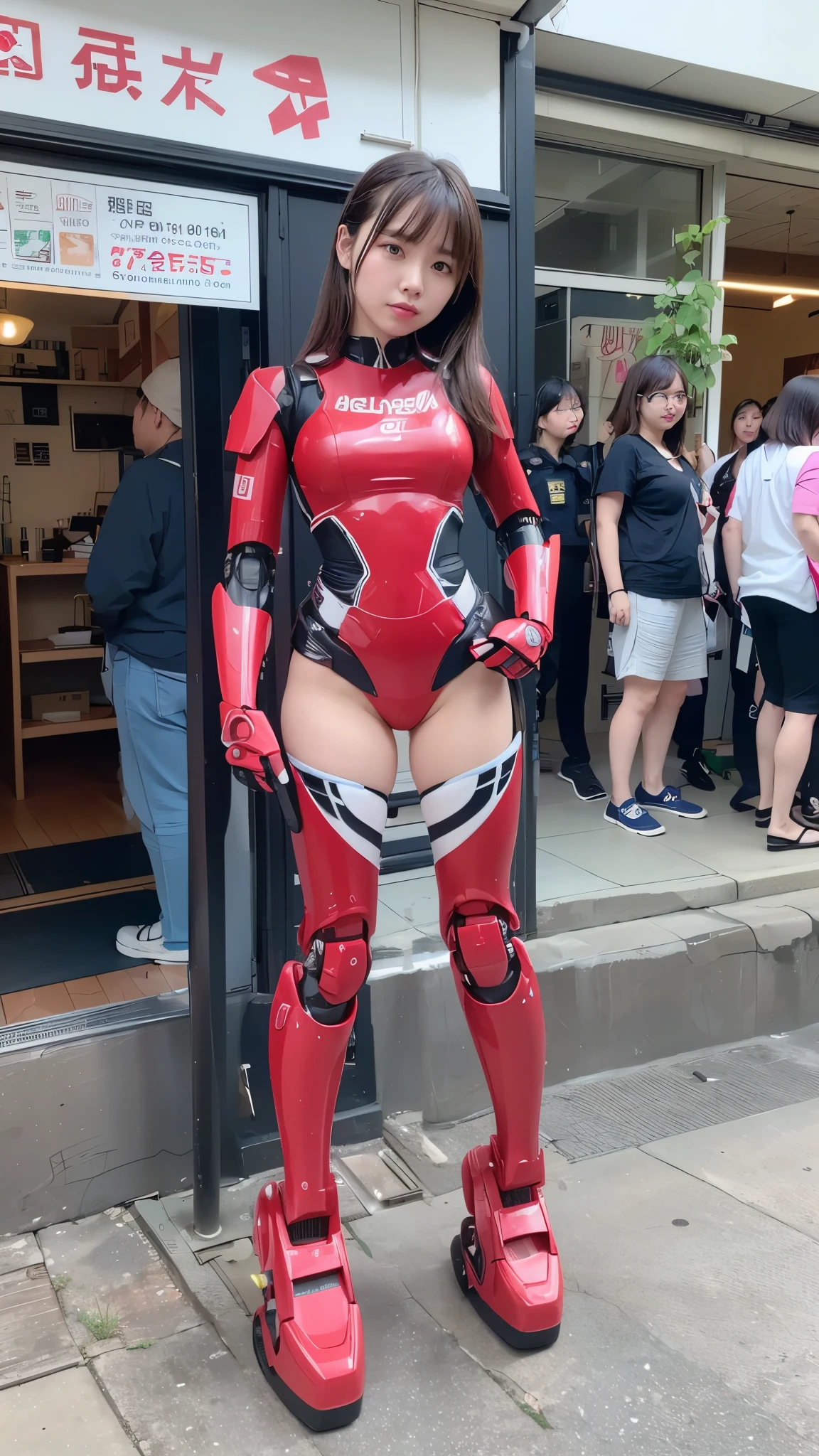Realistic photo, 8K, At Comic-Con, there are plenty of superhero fans., 18-year-old Brazilian young woman, She is 5 feet 7 inches tall, She has a slender face, She has dimples, she has freckles, she has green eyes, she has full lips, she has slender nose, She has a bob haircut with powderblue roots, she has tanned skin, she has Slightly slanted eyes, she has a 90E breast size, She has a slim waist, she has big buttocks, she wearing costume of iron man