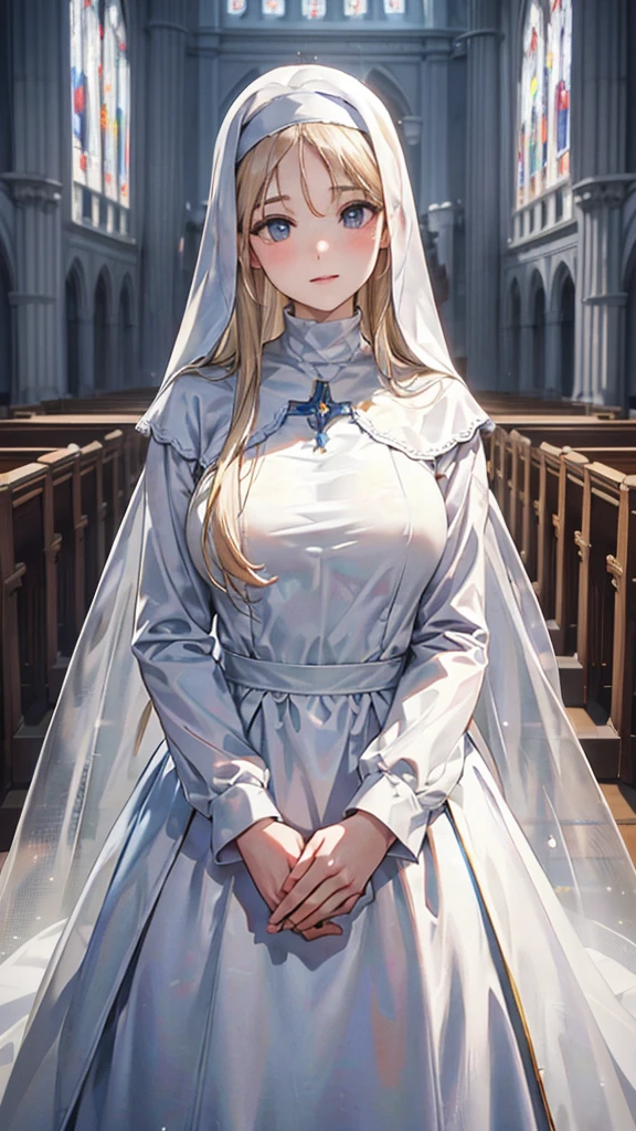 a beautiful, symmetrical-faced adult woman with a gentle smile, blue eyes, neat golden long hair, wearing an elegant nun's dress, long skirt, white nun's hood, in a church, translucent clothing, (best quality,8k,ultra-detailed),(realistic,photorealistic:1.4),(masterpiece:1.2),perfect eyes