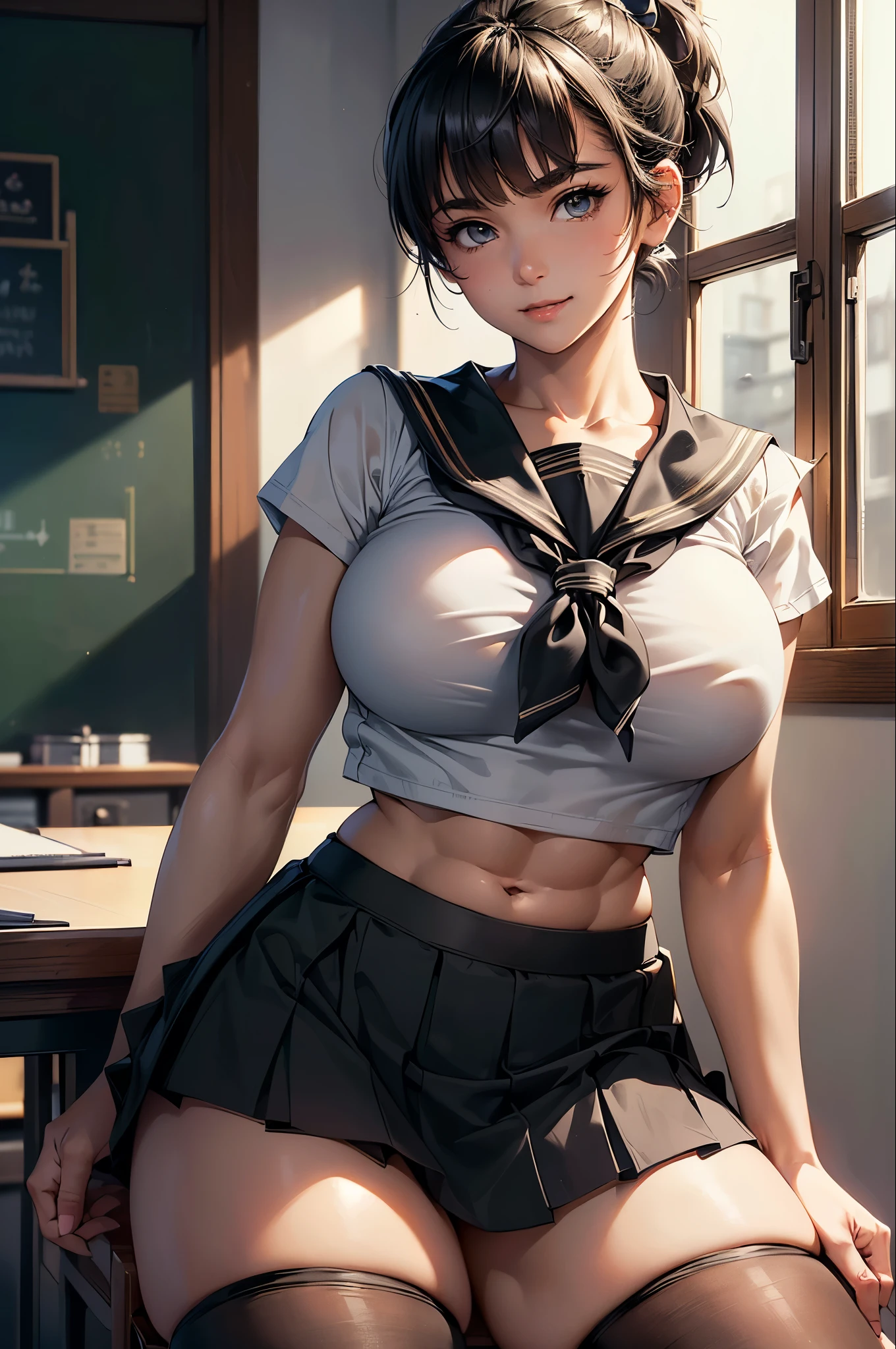 8K,Highest Quality,BREAK,1 female,leaning back,BREAK,glasses,black short hair,BREAK,short sleeved white sailor suit,underboob,BREAK,very short pleated mini skirt,lowrise,BREAK,(black thighhigh stocking),highheel short boots,BREAK,large breasts,beautiful abs:1.3,muscular legs,very slim body