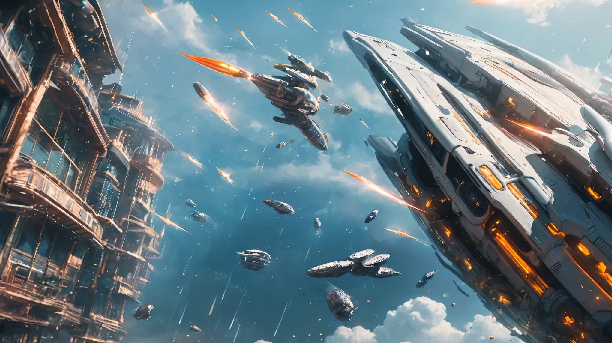 Science Fiction、Future World、Alien spacecraft suspended in the air , light effects left by bullets flying through the air,Bullet light effect,Neon