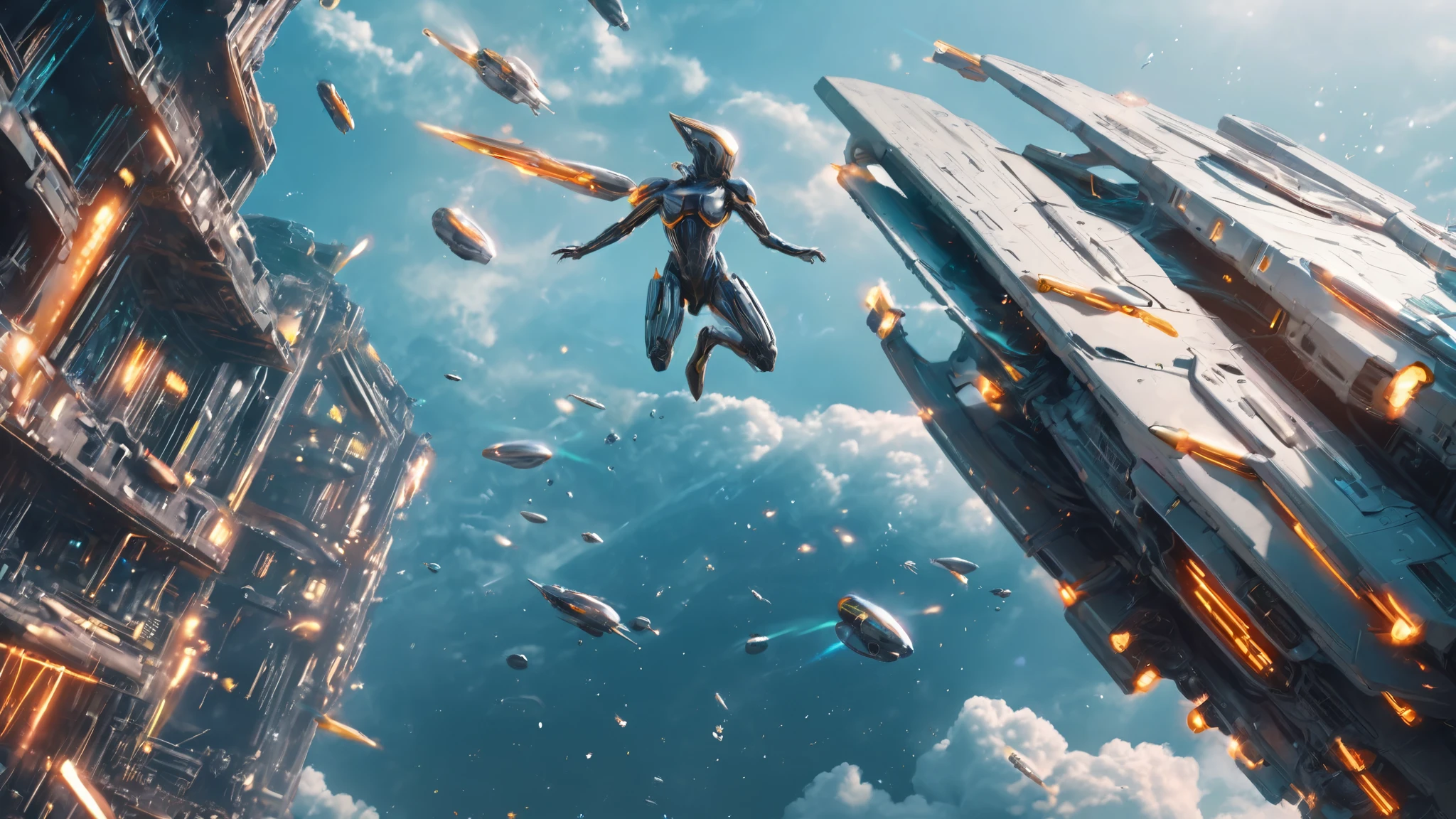 Science Fiction、Future World、Alien spacecraft suspended in the air , light effects left by bullets flying through the air,Bullet light effect,Neon