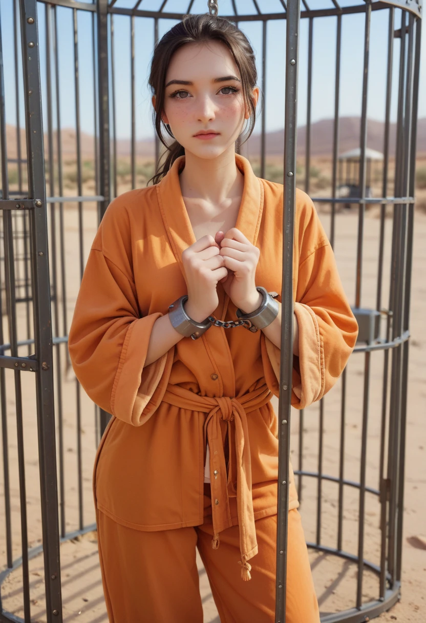 Polaroid, soft, beauty,pretty girl, full-face_blush pale_skin,  shining, flash, orange bathrobe, orange pants, ((shackles)),((in_cage)), desert