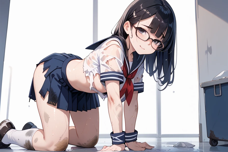  1 girl, black hair, Glasses, sailor suit,Dirty clothes,Torn clothes,Sweaty, is on all fours