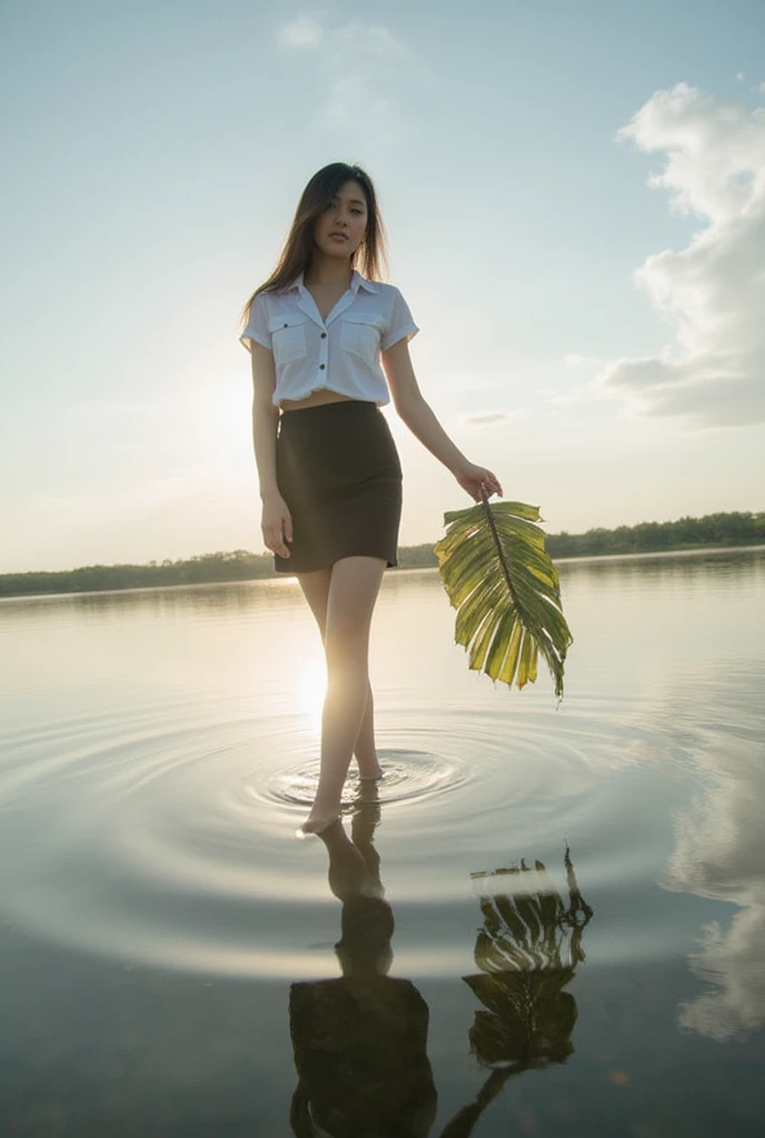 She is dressed in a neat and modern outfit, featuring a white button-up blouse with short sleeves and a fitted black skirt, Carrying a krathong made from banana leaves on the surface of a mirror-like lake that perfectly reflects the sky. Her every step creates soft ripples, blending the reflection of clouds and soft sunlight. The scene feels like she is dancing in the heavens, suspended between earth and sky and Soft, warm evening light with long shadows.​