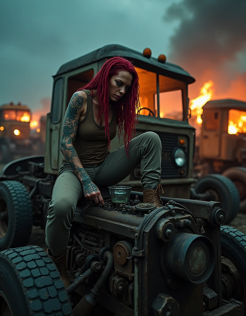 A real person with purple hair lies on the ground underneath a vehicle, working on a mechanical component. Their arms and skin are covered in grease and dirt, indicating hands-on labor. They without clothe, showing focused determination in their expression. Tools are visible nearby, along with a jack supporting the vehicle. The environment appears dimly lit, enhancing the gritty atmosphere of the task.