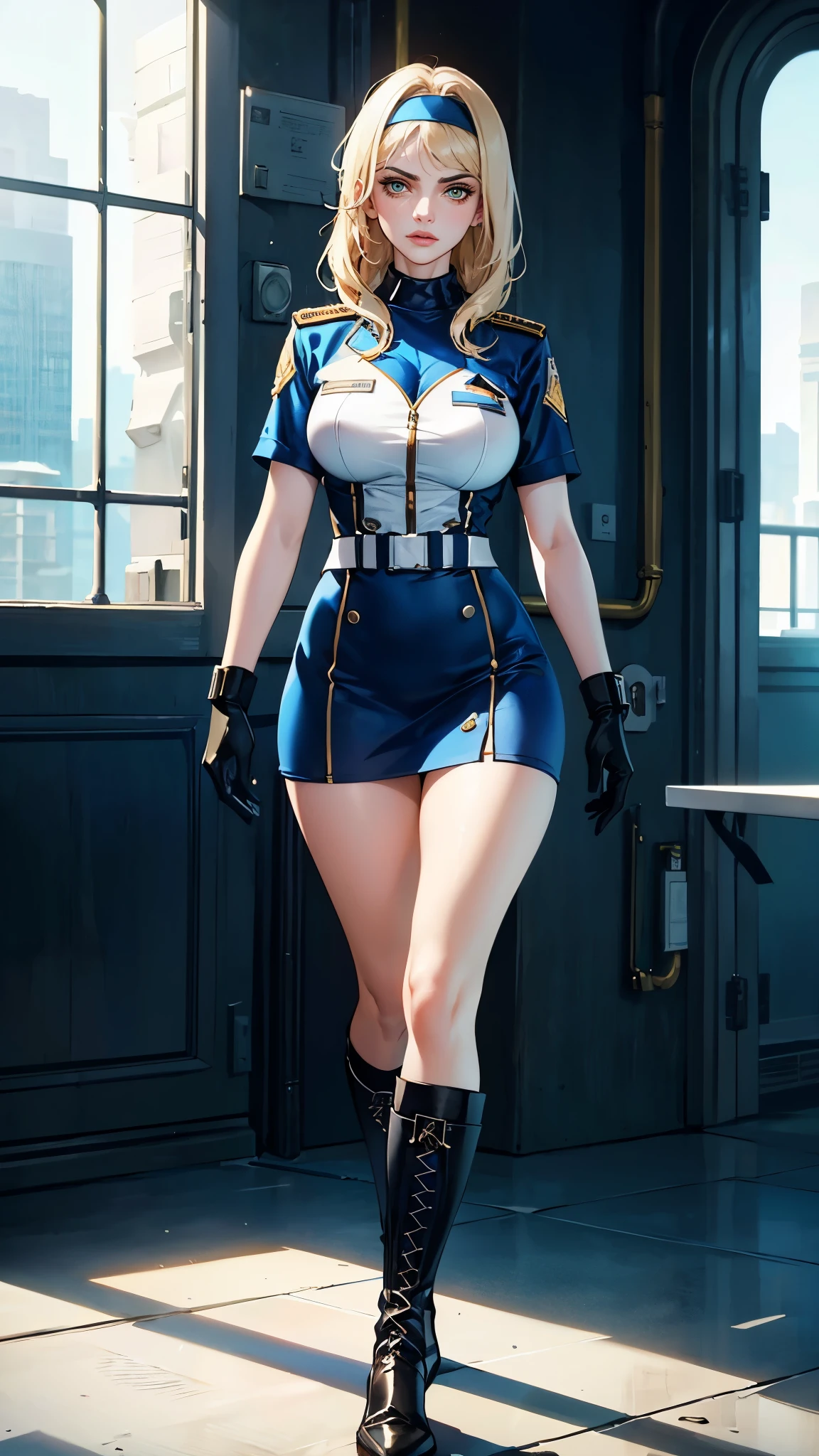 (masterpiece:1.2, best quality:1.2, extremely delicate:1.2), ((Alexandra Daddario:1.2)), a girl with short light golden hair, a metal headband on her forehead, icy gaze, detached expression, smooth and exquisite facial appearance, perfect body, perfect skin, porcelain skin, pale skin, sci-fi military uniform, short sleeves, gloves, short skirt integrated with the outfit, dark fitted pants, knee-high military boots, the color scheme is primarily White with Blue and Yellow accents, surrounded by AR virtual interfaces, standing in a futuristic sci-fi-styled room, this character embodies a finely crafted futuristic sci-fi female officer in anime style, exquisite and mature art style, exquisite photography, Photo realism, photorealistic, even and soft lighting on face, dramatic, high definition, highres, ultra-detailed, ultra-fine painting, professional, perfect body proportions, anatomically correct, symmetrical face, extremely detailed eyes and face, high quality eyes, creativity, RAW photo, UHD, 32k, portrait lighting, Natural light, cinematic lighting, (masterpiece-anatomy-perfect:1.2)