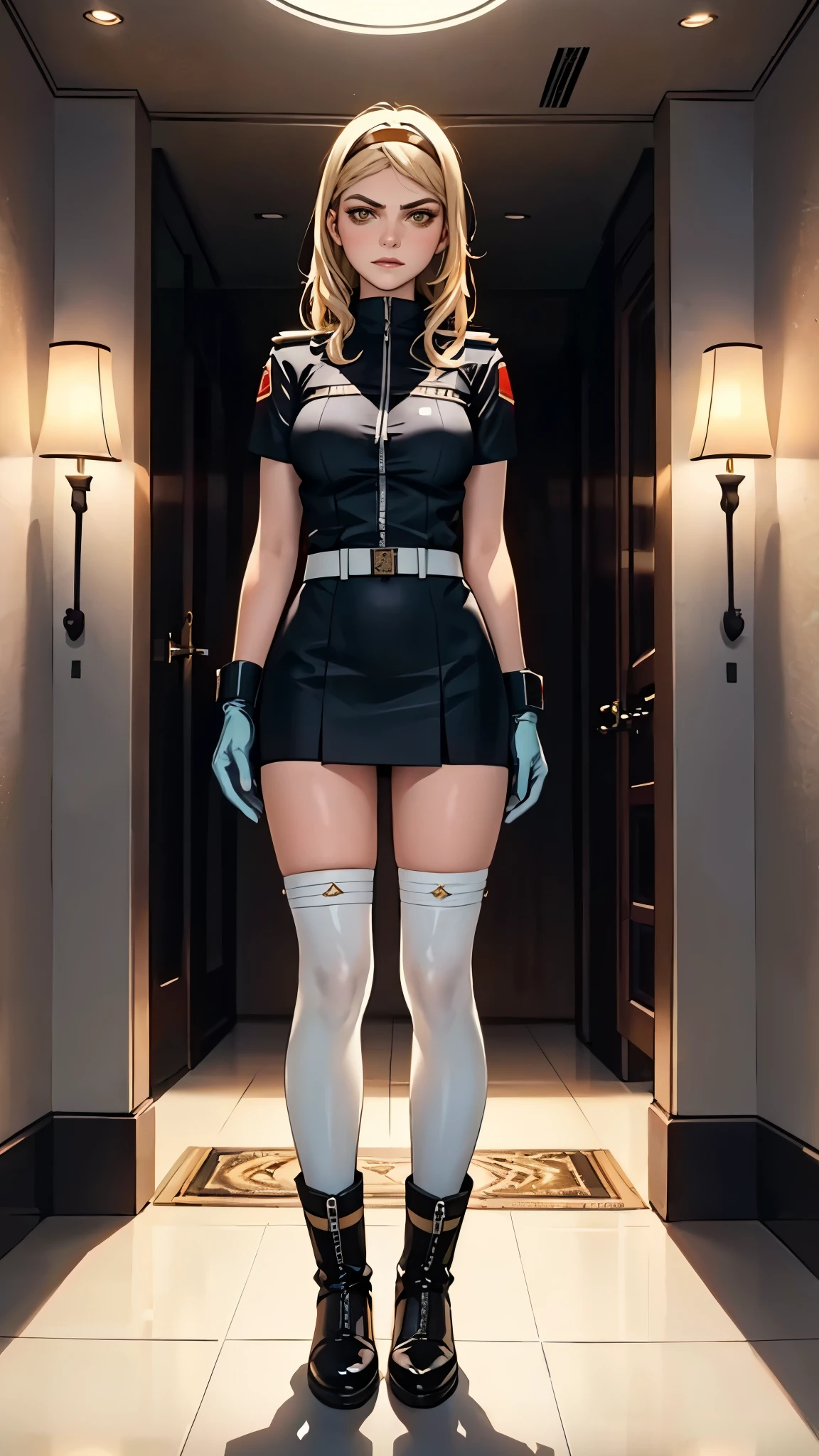 (masterpiece:1.2, best quality:1.2, extremely delicate:1.2), ((Alexandra Daddario:1.2)), a girl with short light golden hair, a metal headband on her forehead, icy gaze, detached expression, smooth and exquisite facial appearance, perfect body, perfect skin, porcelain skin, pale skin, sci-fi military uniform, short sleeves, gloves, short skirt integrated with the outfit, dark fitted pants, knee-high military boots, the color scheme is primarily White with Blue and Yellow accents, surrounded by AR virtual interfaces, standing in a futuristic sci-fi-styled room, this character embodies a finely crafted futuristic sci-fi female officer in anime style, exquisite and mature art style, exquisite photography, Photo realism, photorealistic, even and soft lighting on face, dramatic, high definition, highres, ultra-detailed, ultra-fine painting, professional, perfect body proportions, anatomically correct, symmetrical face, extremely detailed eyes and face, high quality eyes, creativity, RAW photo, UHD, 32k, portrait lighting, Natural light, cinematic lighting, (masterpiece-anatomy-perfect:1.2)
