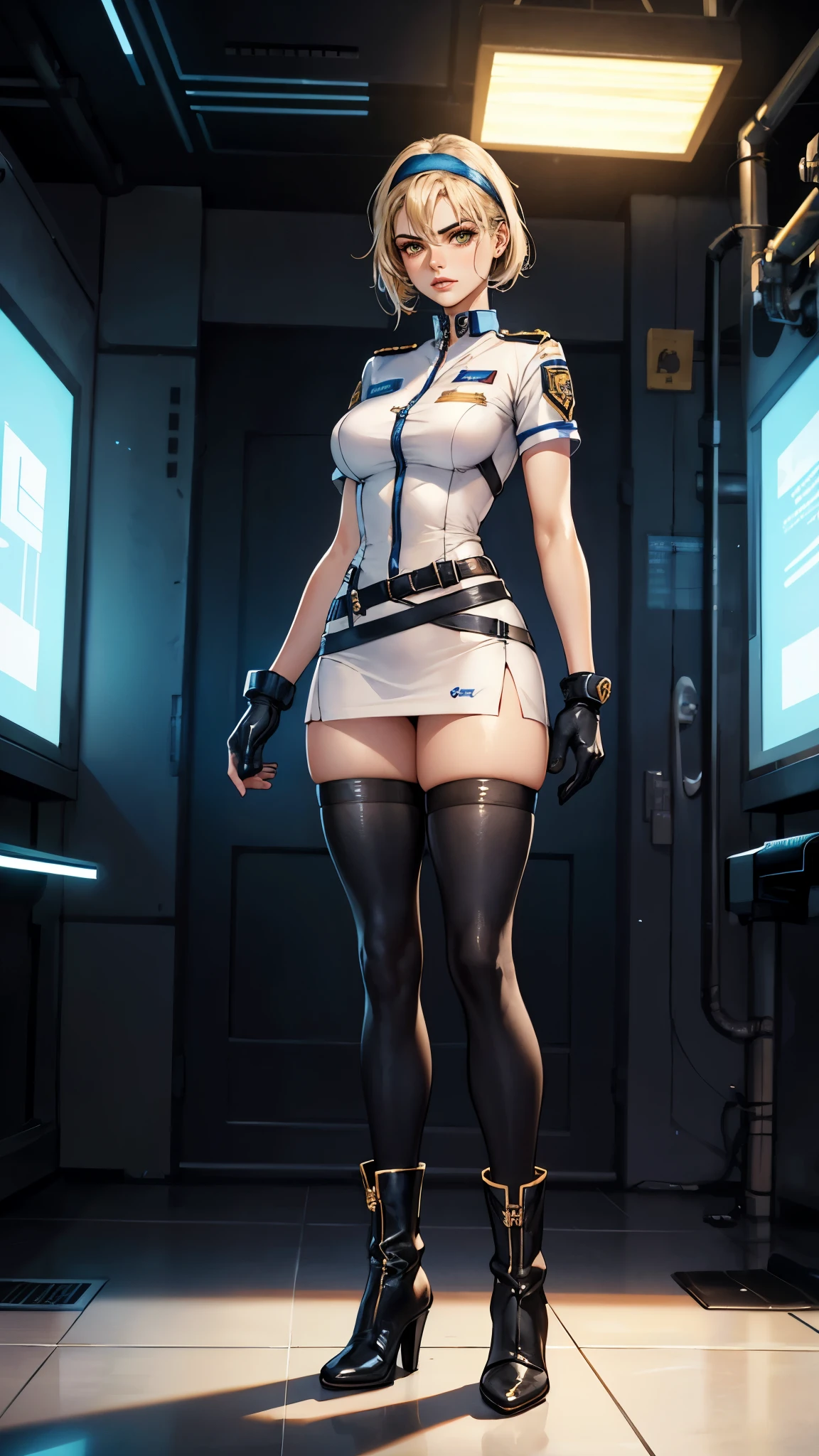 (masterpiece:1.2, best quality:1.2, extremely delicate:1.2), ((Alexandra Daddario:1.2)), a girl with short light golden hair, a metal headband on her forehead, icy gaze, detached expression, smooth and exquisite facial appearance, perfect body, perfect skin, porcelain skin, pale skin, sci-fi military uniform, short sleeves, gloves, short skirt integrated with the outfit, dark fitted pants, knee-high military boots, the color scheme is primarily White with Blue and Yellow accents, surrounded by AR virtual interfaces, standing in a futuristic sci-fi-styled room, this character embodies a finely crafted futuristic sci-fi female officer in anime style, exquisite and mature art style, exquisite photography, Photo realism, photorealistic, even and soft lighting on face, dramatic, high definition, highres, ultra-detailed, ultra-fine painting, professional, perfect body proportions, anatomically correct, symmetrical face, extremely detailed eyes and face, high quality eyes, creativity, RAW photo, UHD, 32k, portrait lighting, Natural light, cinematic lighting, (masterpiece-anatomy-perfect:1.2)