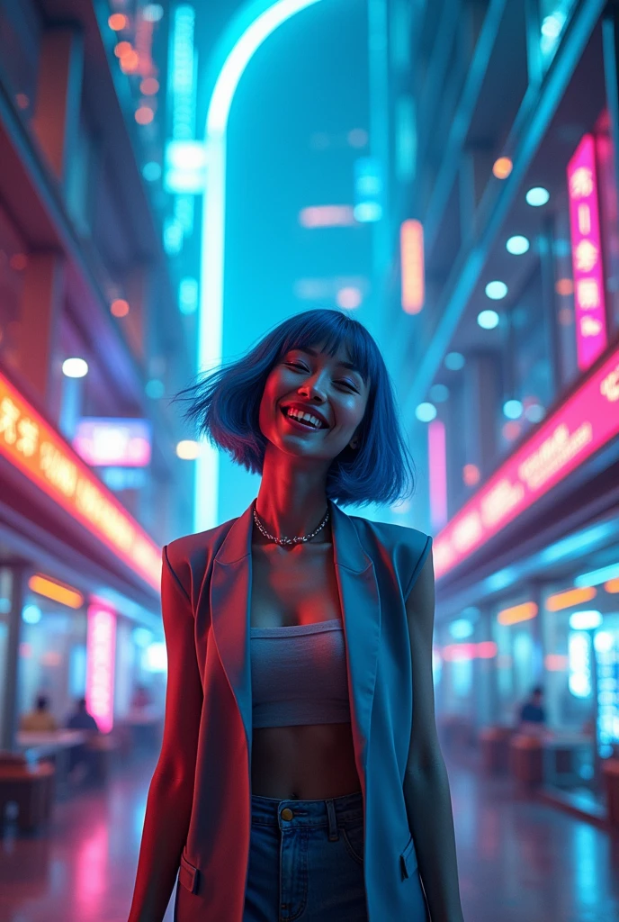 Realistic, theme is "Neon Town at Night", a neon town at night in the future, the space is constructed three-dimensionally, buildings made of transparent materials, transparent tunnels, glittering rainbow-colored neon signs, trendy fashion for people of the future, a cute woman with short blue reverse hair is smiling, sophisticated design, advanced lighting technology, live-action photo 8K quality