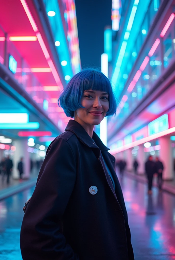 Realistic, theme is "Neon Town at Night", a neon town at night in the future, the space is constructed three-dimensionally, buildings made of transparent materials, transparent tunnels, glittering rainbow-colored neon signs, trendy fashion for people of the future, a cute woman with short blue reverse hair is smiling, sophisticated design, advanced lighting technology, live-action photo 8K quality