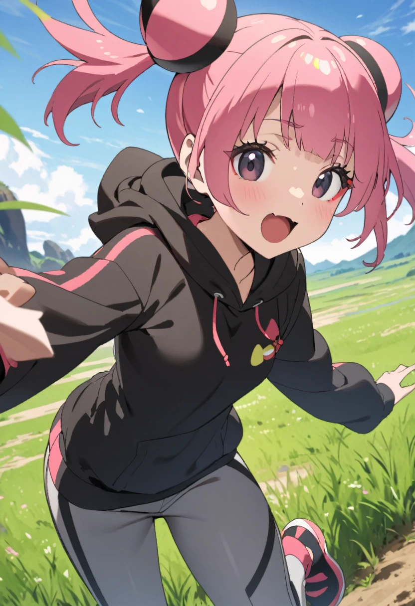  best quality images 、 very small breasts、 very young girl 、 ( Pokémon　Coral)、Slender body、Pink Hair、  SHORT TWIN TAILS 、 dark eyes、 red eyeshadow 、 WEAR A BLACK HOODIE WITH A WHITE INNER、SHORT LENGTH PANTS 、grassland、 one girl、 Fun Vibes 