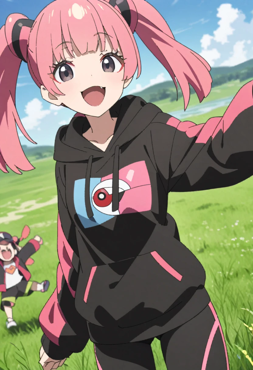  best quality images 、 very small breasts、 very young girl 、 ( Pokémon　Coral)、Slender body、Pink Hair、  SHORT TWIN TAILS 、 dark eyes、 red eyeshadow 、 WEAR A BLACK HOODIE WITH A WHITE INNER、SHORT LENGTH PANTS 、grassland、 one girl、 Fun Vibes 