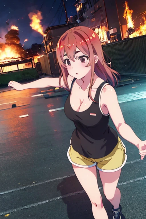 Sumi Sakurasawa、holding hundgun、at night、fence、1 girl、 cleavage、 Black Tank Top、 sexy black shorts、Infiltrate a military base、Tank Hangar 、Military base exploding in flames、The building is on fire