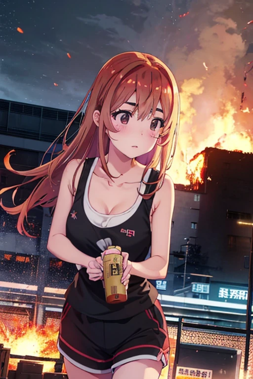 Sumi Sakurasawa、holding hundgun、at night、fence、1 girl、 cleavage、 Black Tank Top、 sexy black shorts、Infiltrate a military base、Tank Hangar 、Military base exploding in flames、The building is on fire