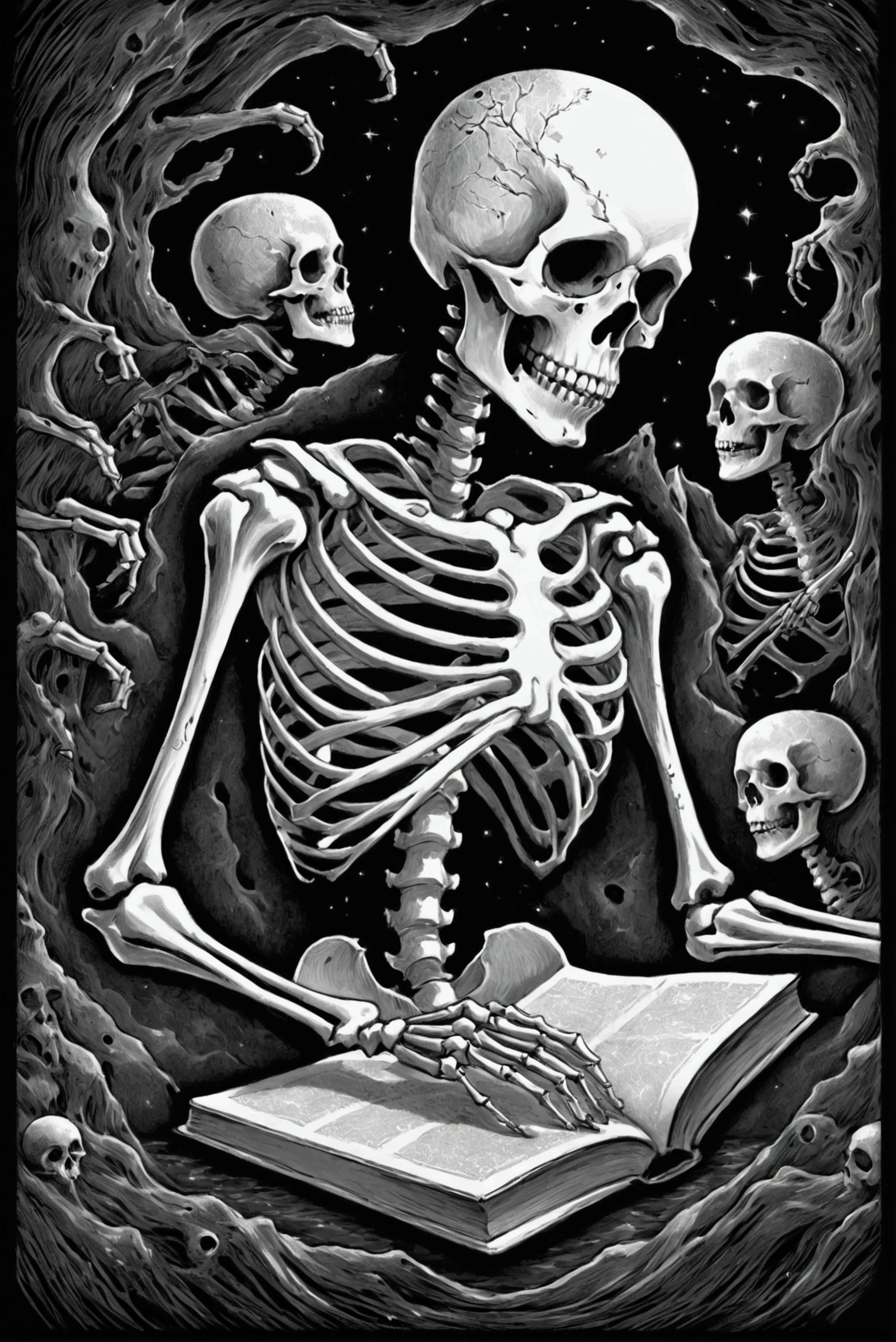  Closeup of a Cell Phone with a Book and a Skeleton, Critical Void Background with Skeletons , Detailed digital drawings,  stylized line drawing , Dense Line Drawing , Strong line drawing, Thick vector line art,  Detailed Ink Illustration ,   Fantasy Paladin  , Ink outline, Swirling ripples of evil ink,  Black and White Vector Art , Dark lineart