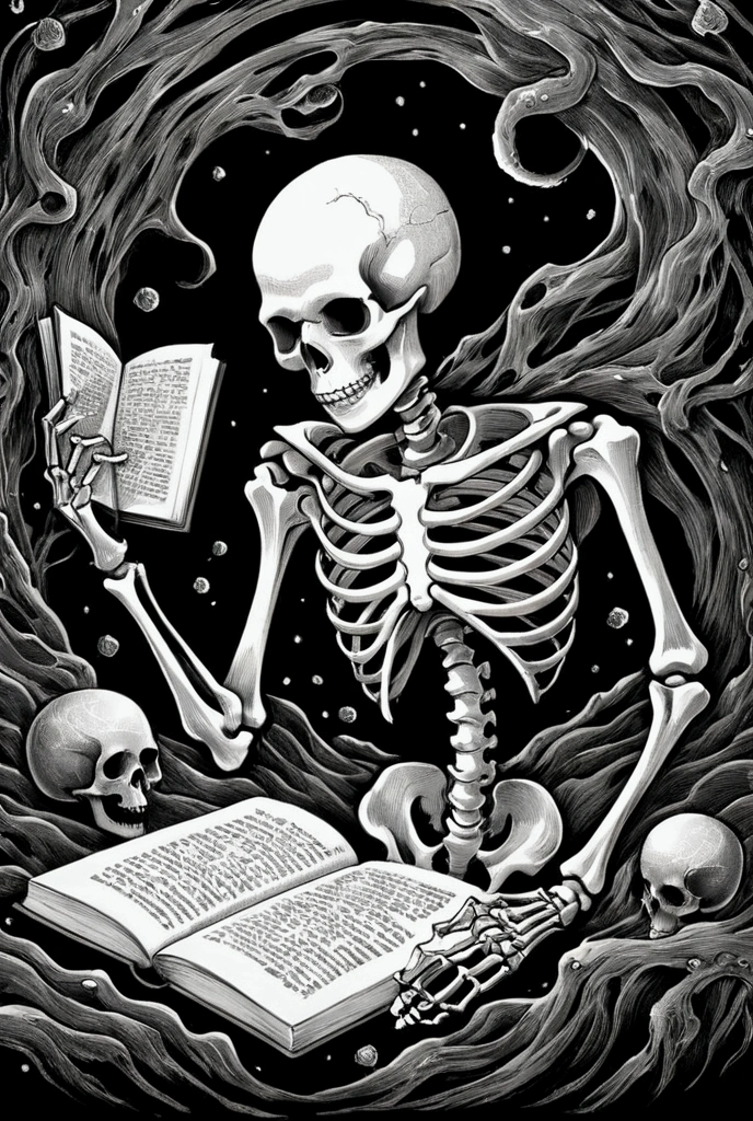  Closeup of a Cell Phone with a Book and a Skeleton, Critical Void Background with Skeletons , Detailed digital drawings,  stylized line drawing , Dense Line Drawing , Strong line drawing, Thick vector line art,  Detailed Ink Illustration ,   Fantasy Paladin  , Ink outline, Swirling ripples of evil ink,  Black and White Vector Art , Dark lineart