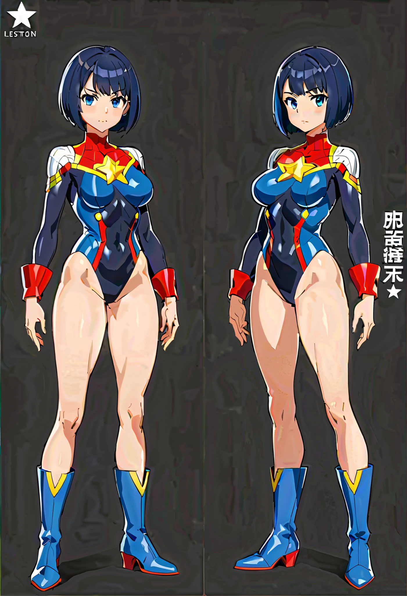 masterpiece, best quality, 1girl, superhero, ((leotard, dark blue leotard)), long sleeves, bare legs, boots, dark blue boots, matching boots, medium breasts, standing, standing straight, dark blue hair, ((short hair, bob hair)), blue eyes, beautiful detailed eyes, beautiful detailed face, cute face, (perfect hands, complete fingers, perfect anatomy, perfect proportions),((star symbol on the chest)), serious, full body with costume. Simple background, Multiple Views, Character Sheet Full-Length.