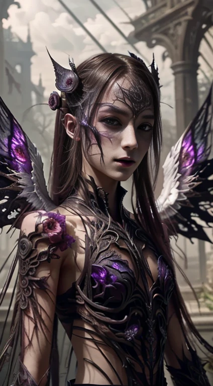 beautiful floral angel ,  futuristic gothic style ,  extremely detailed face and body ,  inspired by anime,  Photorealistic ,  cinematic lighting ,  intricate floral patterns ,  ethereal wings , dramatic pose,  dark color palette , Volumetric lighting effects,  hyperrealistic textures ,  ornate gothic architecture ,  amazing digital art 