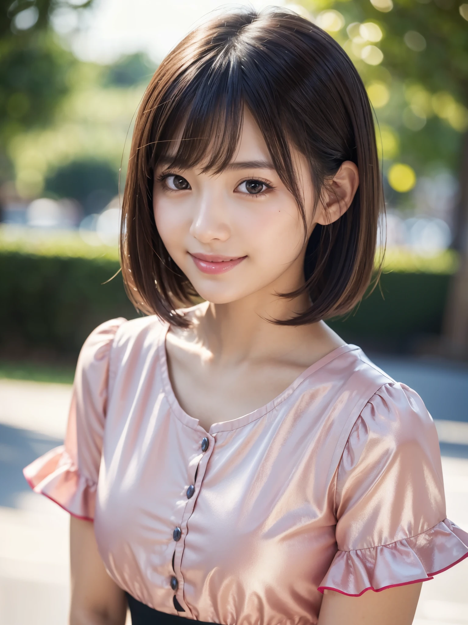(surrealism, RAW photo, nikon, 8K, Super detailed, masterpiece, advanced details, intricate details, Super detaileded, realistic lighting),
(anatomically correct, High-precision human body, highly detailed face, realistic skin, realistic depiction of characters),
(16 years old, Japanese younger sister, Japanese high school girl, slim waist and busty body, baby face, Sister Girl, Affectionate and cute, pretty girl, Surreal Girl),
(round face, black hair, short bob cut, see-through bangs, lowered eyebrows, troubled eyebrows, lowered eyebrows, Moist eyes, 1 small earring, light blush),
(Elegant smile),
(Colorful long-sleeved shirt, plaid maxi long skirt),
Natural light, full length, whole body