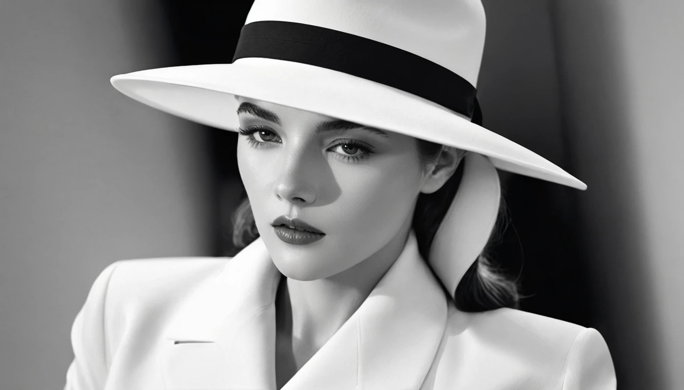 arafed woman in a white suit and hat posing for a picture, white hat, sleek black and white, fine art fashion photography, white suit and hat, fashion photography, patrick demarchelier, elegant fashion model, high fashion photography, karol bak of emma watson nun, elegant profile pose, fashion portrait, tophat, fine art fashion magazine style