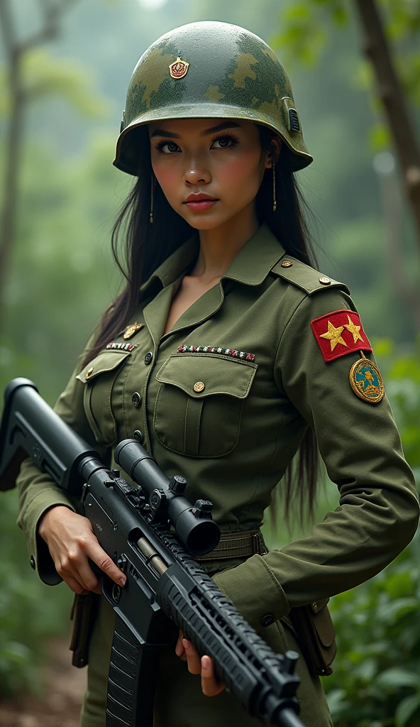 a beautiful young vietnamese woman with gigantic breasts,extremely detailed face,high quality portrait,detailed skin texture,very long silky hair,wearing a short military green outfit with vietnam flag on shirt,mini shorts,photorealistic,hyperrealistic,masterpiece,8k,award winning digital art
