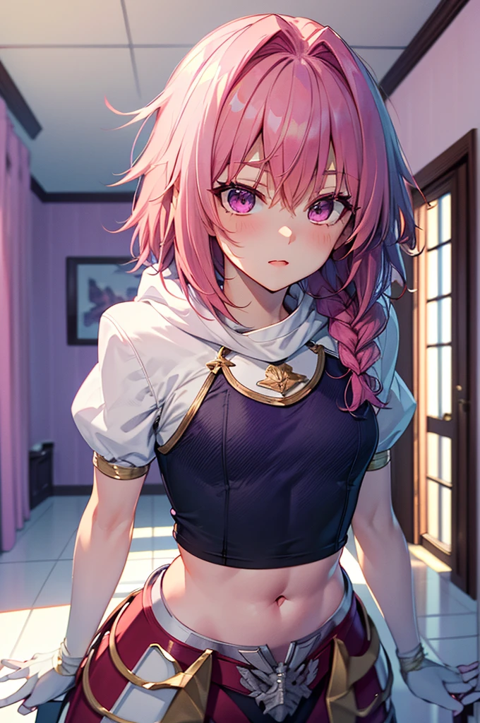 Masterpiece, ((Best Quality)), (Ultra-detailed), Highly detailed, Perfect Lighting, Perfect background, ((Pink Hair, Purple Eyes)), ((Upright body View)), White skin, Expressionless, ((Pink sport male crop top, House, Room, Indoor)), (Beautiful scenery), Daytime, (detailed face), ((Upper Body View, Close Up))