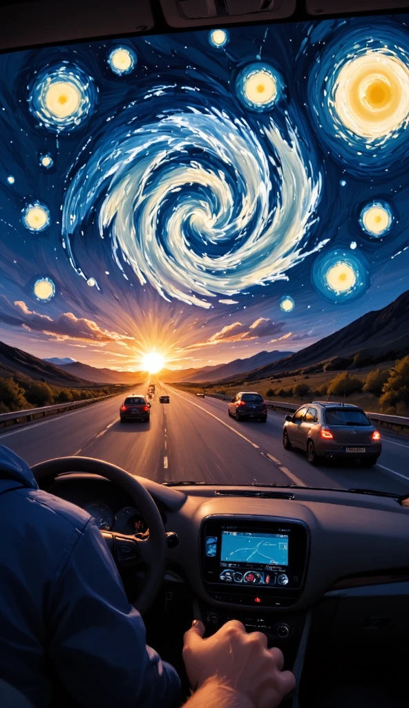 Poster Design,Starry Night,Van Gogh Brushstrokes,Dopamine Color,Ancient Poetry Rhyme,Fusion of Art Style,Creative Expression,Close-up of Cool Wind New Energy Vehicle Driving on the Highway in Realistic Style,E-commerce Poster Visual Blockbuster Design,Delicate Picture Quality,Gorgeous Resolution,Realistic Cinematography,Panorama,Depth of Field,Extreme Detail,Masterwork,8K Resolution,