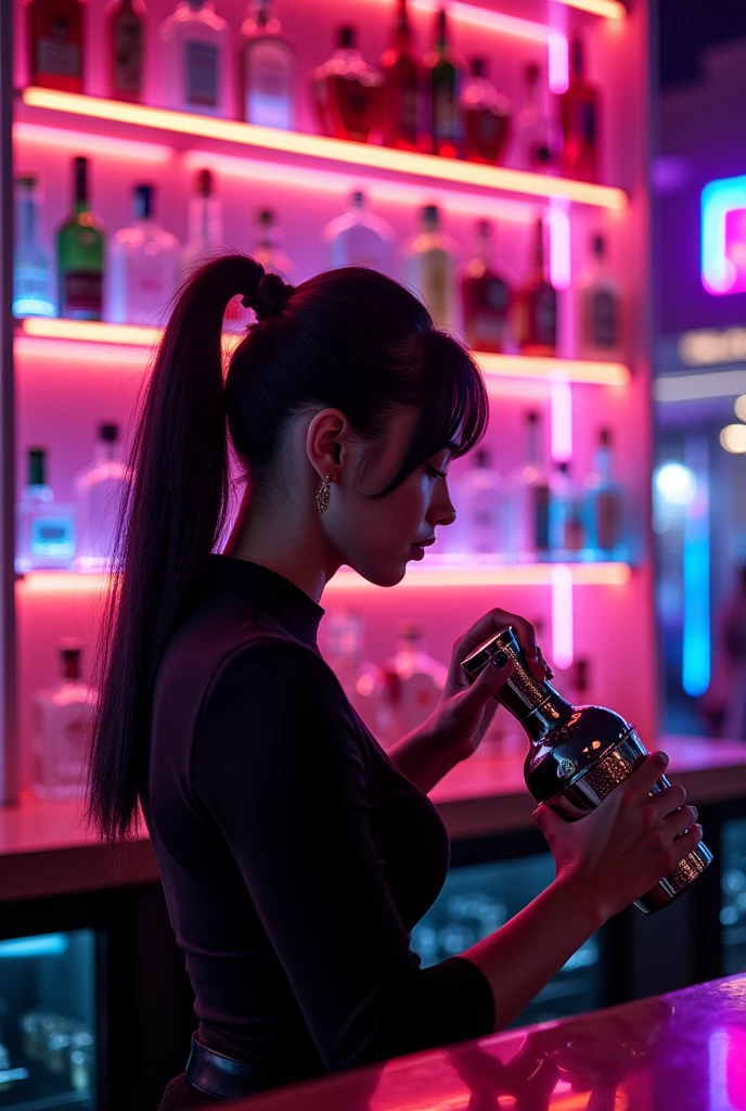 Realistic, the theme is "Neon Town at Night", a large shelf lined with bottles of Western liquor is decorated with glittering neon lights, a beautiful female bartender is working behind the bar counter, dressed in a black vest, a white woman with black hair, her black hair tied up in a ponytail for a clean and sharp look, she is shaking the shaker in a cool way, sophisticated design, advanced lighting technology, 8K quality live-action photos