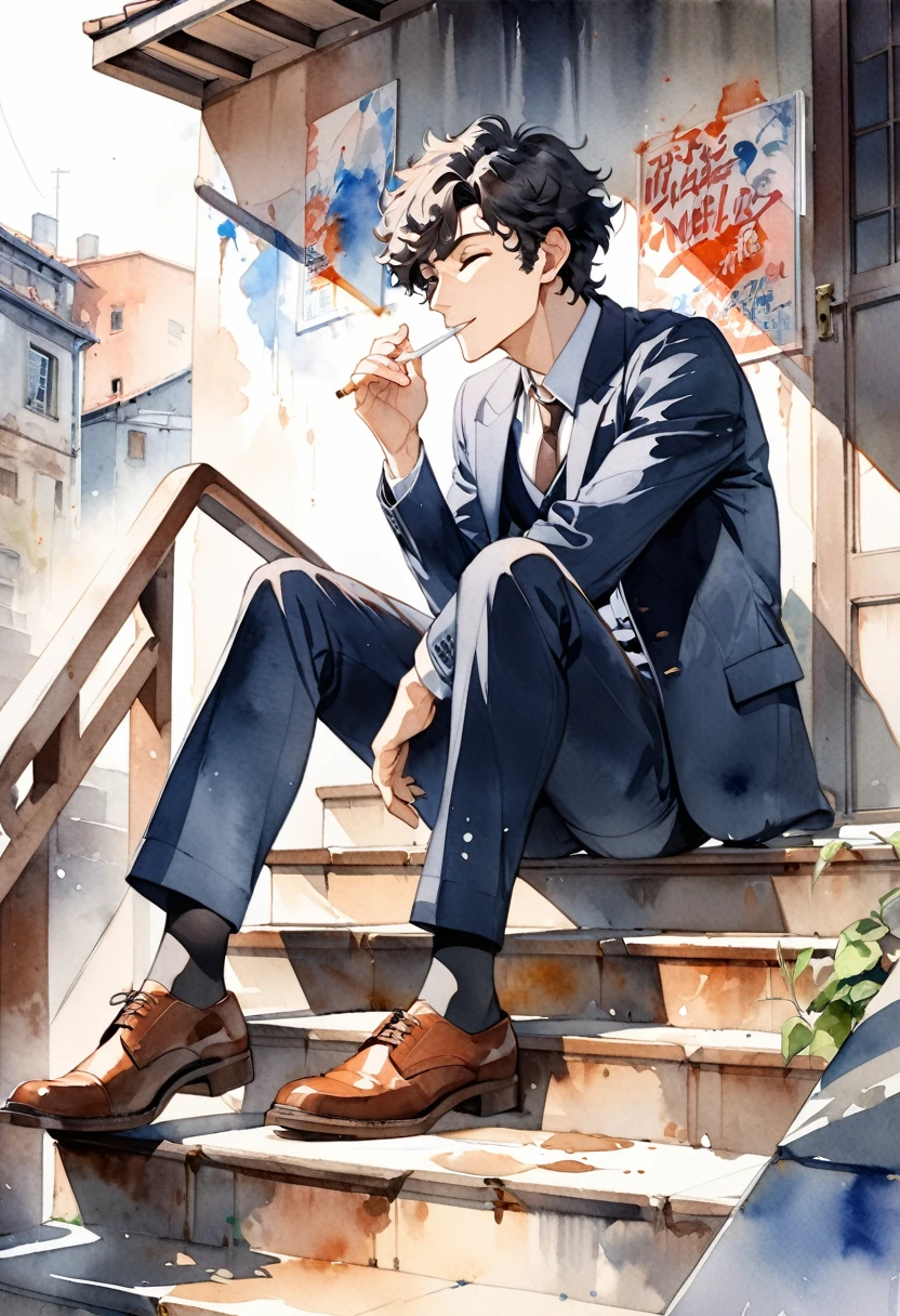 Anime-style Watercolor portrait of a man,A man sits on a steep staircase smoking a cigarette with his eyes closed.Men are Spike Spiegel,brown eyes, smile,black hair,1boy,Navy blue suit, brown leather shoes,The man holds the cigarette between his fingers and puts it in his mouth.Steep stairs with long rusty handrails,Right next to the stairs is the wall of an old building.There are many old posters and English graffiti on the walls.The exact position and shape of your feet when sitting on the stairs, Anatomical seating style of the feet,Full body portrait,Side view,Watercolor blur effect,Professional watercolor illustrations,High quality, high precision image, ( masterpiece, best quality, 4k, 8k: 1.5) . Ultra detail, ultra fine painting, cinematic lighting, physically based rendering,Professional photo resolution, award-winning,