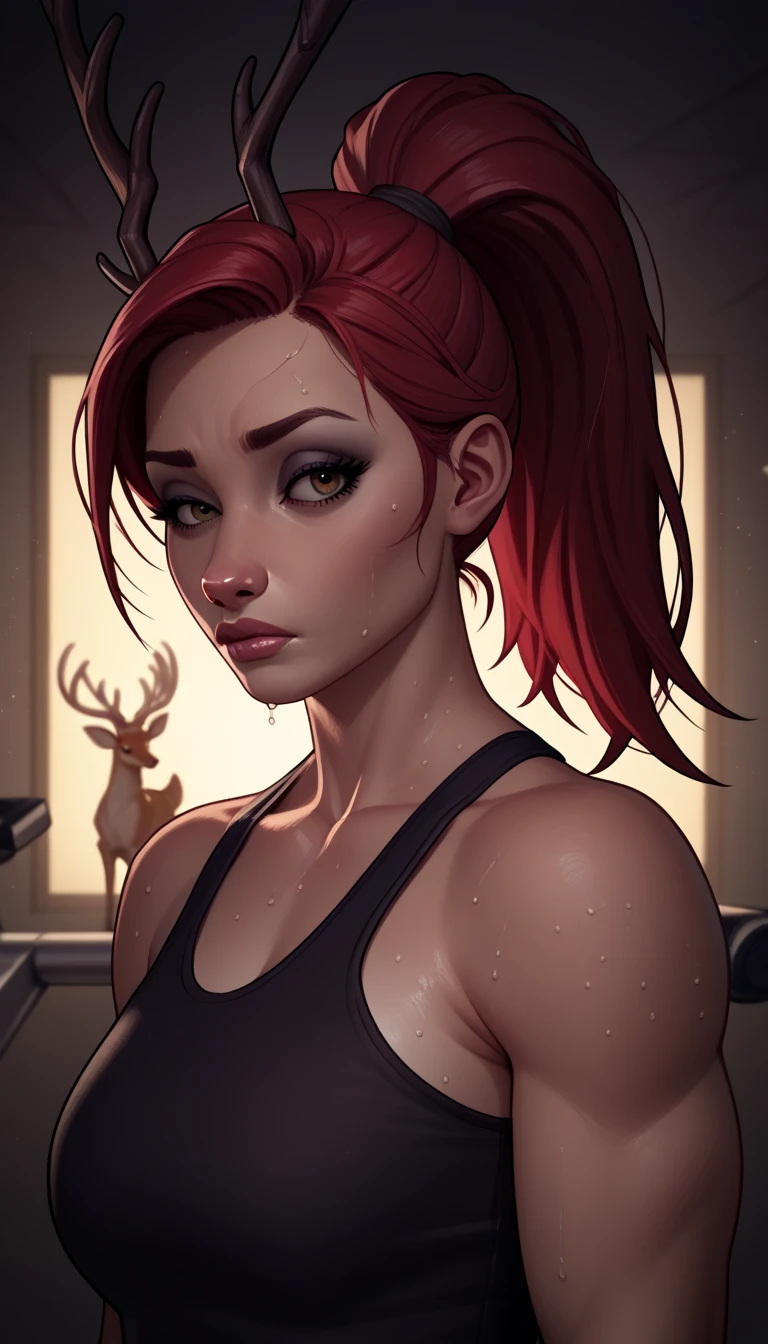 (zPDXL2), (PonyXLV6_Scores), source_anime, Expressiveh, asymmetric image, BREAK
lhata4564, masterpiece, best quality, (hioshiru, tom bagshaw), female deer, anthro, workout, perfect eyes, long eyelashes, (deer), (sweaty face), (red hair, ponytail), brown fur, (makeup, eyeliner:1.1), (detailed background:1.3), (cinematic lighting), detailed ambient light, (detailed lighting), (ambient light on the body), , ((dark outlines)), [[by taran fiddler]], by dagasi, by Foxovh, (sharp focus), (masterpiece, 8k, 4k,raw photo, warm lighting, best quality, hi res, high resolution, high details, ultra realistic, absurd res