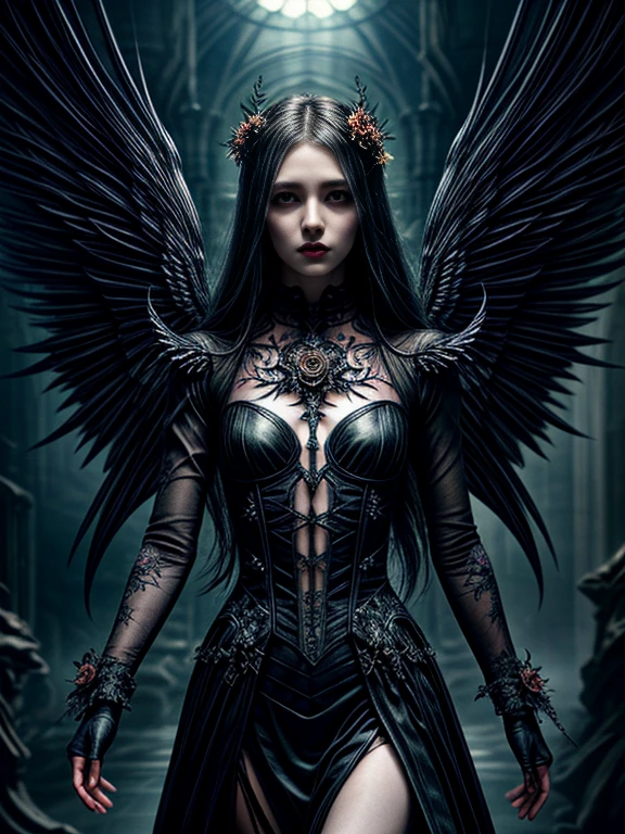 beautiful floral angel ,  futuristic gothic style ,  extremely detailed face and body ,  inspired by anime,  Photorealistic ,  cinematic lighting ,  intricate floral patterns ,  ethereal wings , dramatic pose,  dark color palette , Volumetric lighting effects,  hyperrealistic textures ,  ornate gothic architecture , Stunning full-length digital art