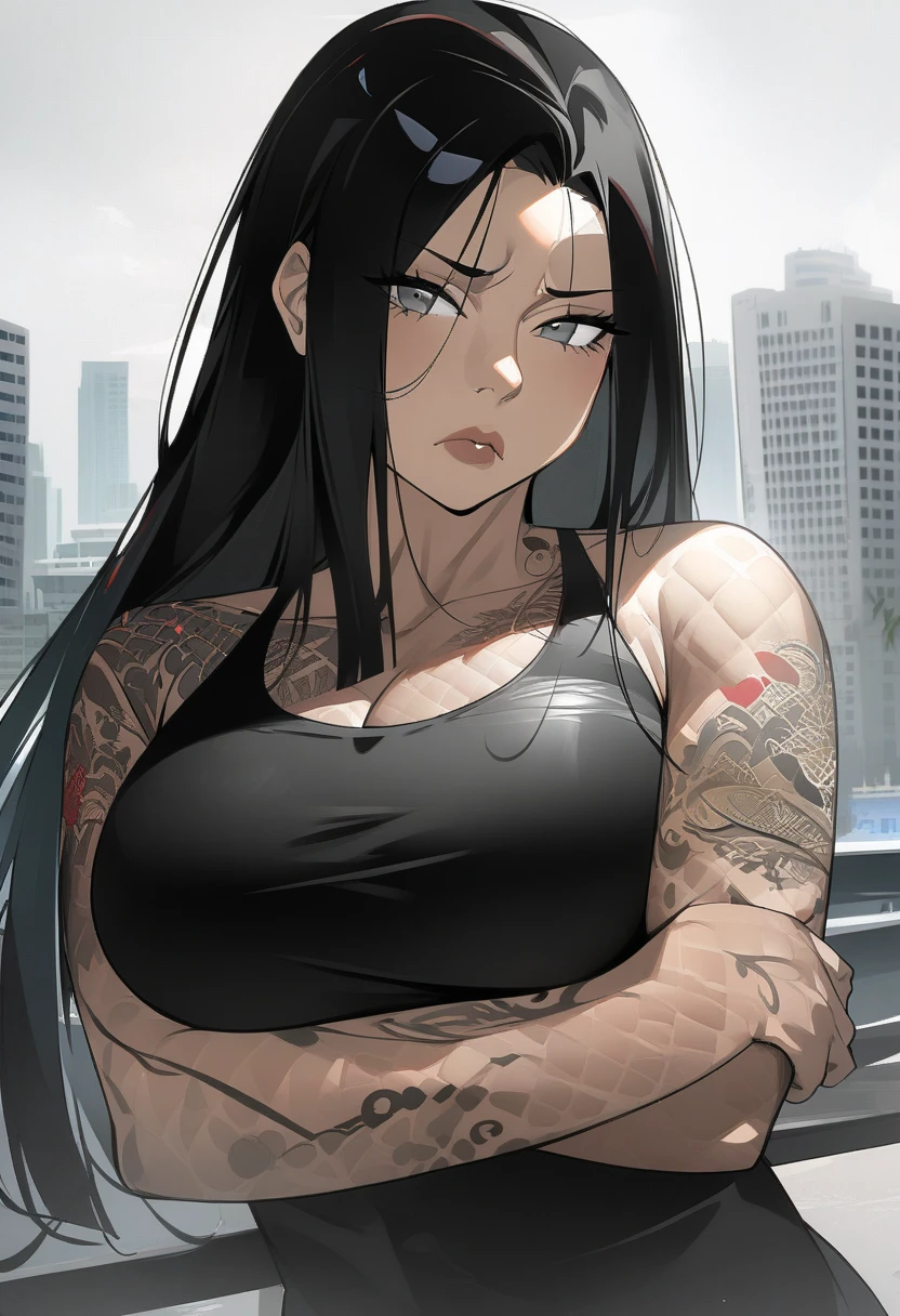 anime girl with long black hair , hinata hyuga, sui ishida with black hair, style of junji ito, junko enoshima, subtle junji ito, kotegawa yui, 1 7 - year - old anime goth girl, misato katsuragi, blush, lipstick,Hot girl, baddie, bad attitude, mean girl, crazy, smoking, sensual, attractive , fur trim, mature female, gloves, fur-trimmed coat , outdoors, rooftop, cityscape, building, railing, night, night sky, scenery, moon, city lights, gloves, masterpiece, best quality, highly detailed, a girls with a gun, evil smile , open mouth, sexy gaze, badass pose , evil smile, smile, (nsfw) not safe for work, guns blazing, anime girl with long hair, beautiful long haired girl, navel, evil expression, exposed belly, exposed navel, exposed midriff, exposed lower belly, long black pants, crop top, cleavage, unbuttoned leather pants ,open fly, low rise black leather pants, leather jacket, holding a gun, 