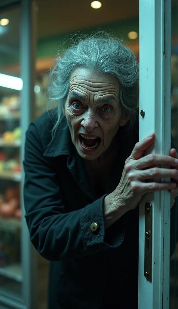 Room in abandoned house, maniac old woman with a creepy smile holding a knife inside the room, the old woman has a zombified appearance, the old woman has a red look