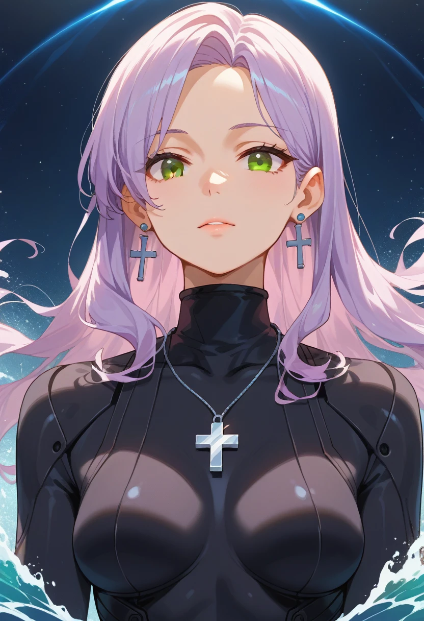 An anime girl with long, flowing lavender hair styled in loose waves, dressed in a sleek, high-neck black and silver bodysuit with intricate circuitry patterns. She has soft brown eyes, a black choker with a tiny cross pendant, and silver cross earrings. The scene is evenly lit with soft lighting on her face, without any shadows. She stands against a sci-fi futuristic space background, looking at the viewer with a warm, gentle expression light is coming from straight front view. Medium Close-Up view shot.