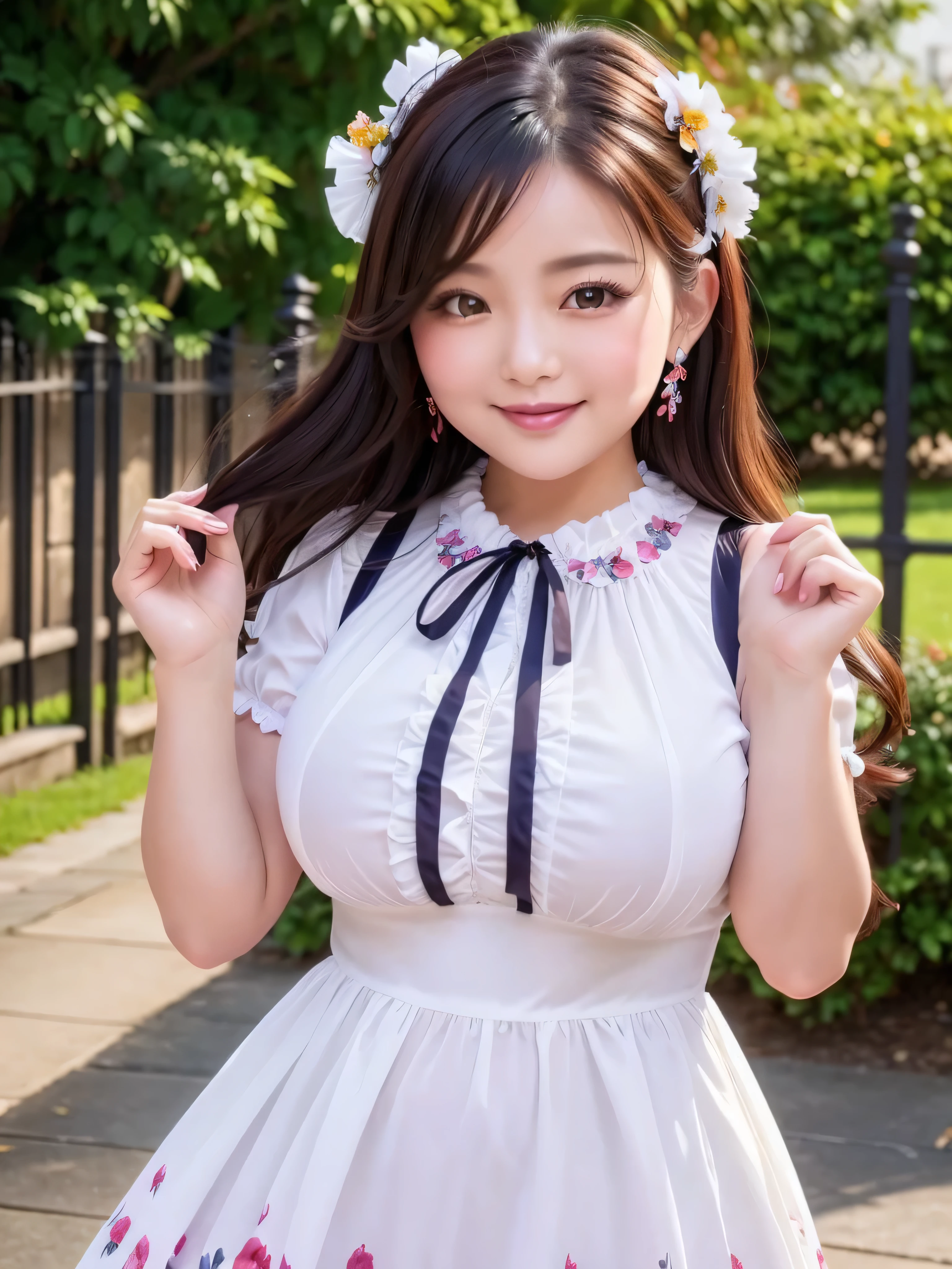 Beautiful and Sexy Almost Chubby Mature Woman. people standing in a park wearing a short dress with a pattern. smile、 Sexy Women 、A radiant smile、Adorable、、frills、Colorful design、Full length mirror、An inviting gaze、 beautiful long hair、 Variation Hairstyle 、 open neck blouse、garden、Sparkling、graceful princess 、Smooth Hair、An inviting gaze、Charming、 very cute、smile, Hair Blown in the Wind , Decorative Art , Side Up, Lolita style headdress , Adult female、Chic Fashion、 Gothic Lolita