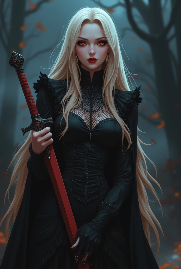 ne0nfant4sy, masterpiece,  a painting of a stunningly beautiful woman, (character design sheet: 1.5) by larry elmor, extremely beautiful female vampire, blond hair, long hair, red eyes, pale skin, wearing intricate dress, holding a (sword: 1.1), high details, best quality, 16k, RAW, [best detailed], masterpiece, best quality, (extremely detailed), full body, ultra wide shot, photorealistic, dark fantasy art, goth art, RPG art, D&D art, aHigh Detail, Ultra High Quality, , wearing collar  looking at the viewer, seductive smile, inviting smile, 