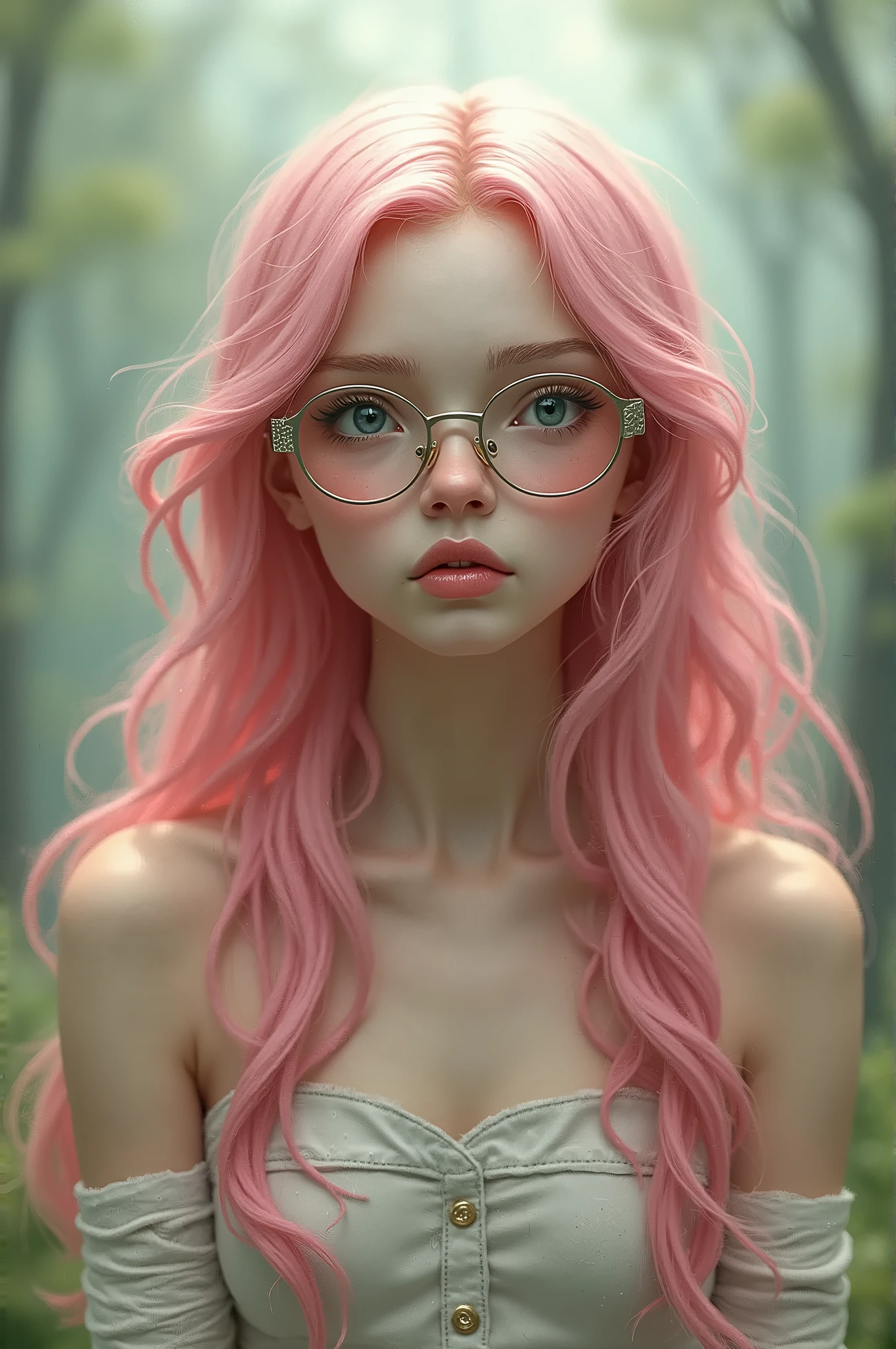 A close up of a woman with pink hair wearing glasses - SeaArt AI