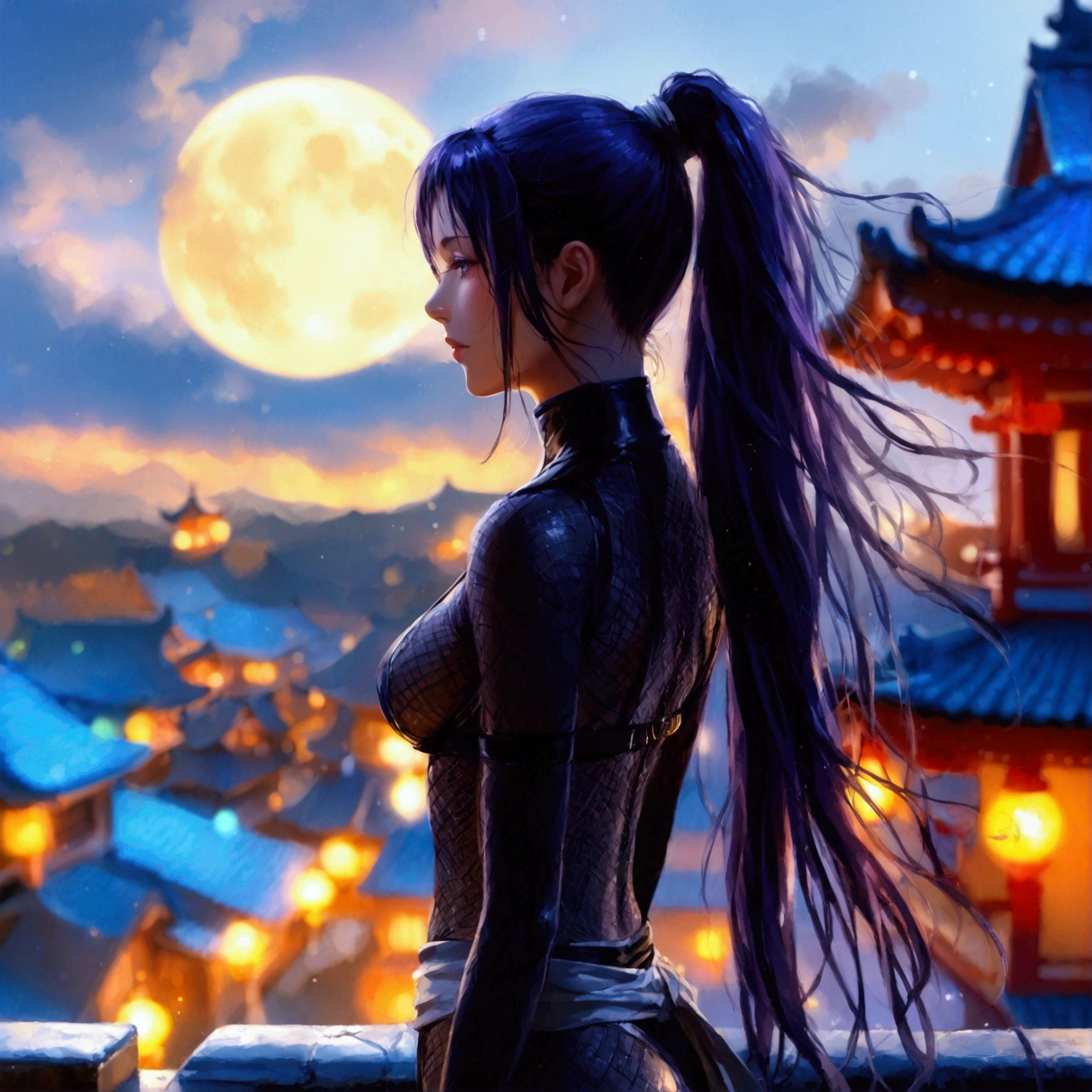 An kunoichi on a traditional Japanese rooftop at night, illuminated by the light of a full moon. The ninja is facing away, glancing over her shoulder towards the 'camera' with a mysterious and alluring expression. She is wearing a tight, form-fitting fishnet outfit that enhances her silhouette, giving an elegant and stealthy appearance. Her long, dark purple hair is tied in a high ponytail, slightly blowing in the night breeze. In her hands, the kunoichi holds long needles between her fingers, ready to use as weapons. The moonlight casts soft shadows, highlighting her figure and the details of the rooftop, creating an atmospheric, mysterious scene.

