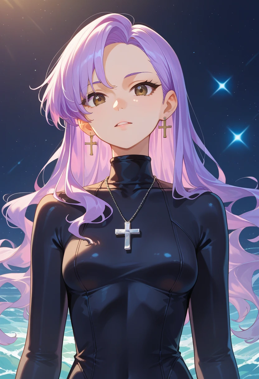 An anime girl with long, flowing lavender hair styled in loose waves, dressed in a sleek, high-neck black and silver bodysuit with intricate circuitry patterns. She has soft brown eyes, a black choker with a tiny cross pendant, and silver cross earrings. The scene is evenly lit with soft lighting on her face, without any shadows. She stands against a sci-fi futuristic space background, looking at the viewer with a warm, gentle expression light is coming from straight front view. Medium Close-Up view shot, photo studio with strong front light, dark photo studio and light from front