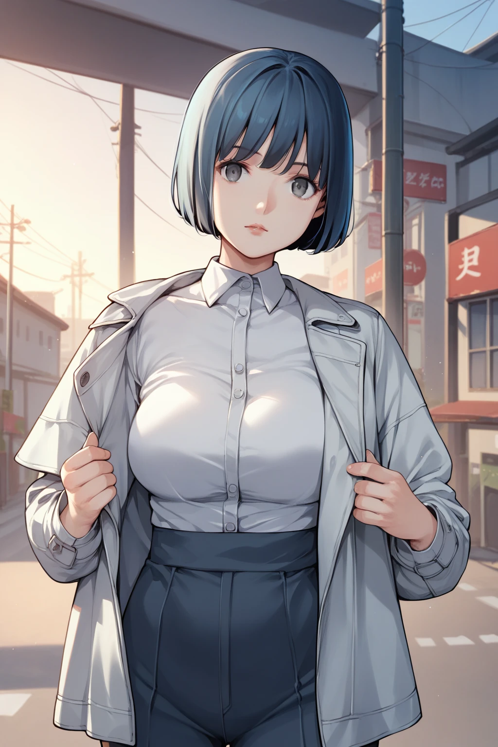 score_9, score_8_up, score_7_up, 1girl, looking at viewer, thumb up, :>, blue hair, heavy fringe, grey eyes, breasts, silver suit jacket, bright, town, fisheye 