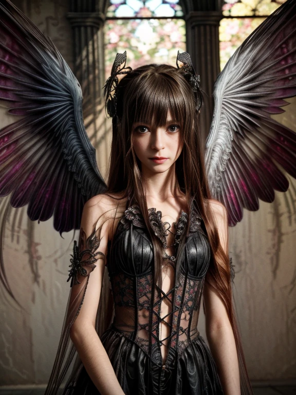 beautiful floral angel ,  futuristic gothic style ,  extremely detailed face and body ,  inspired by anime,  Photorealistic ,  cinematic lighting ,  intricate floral patterns ,  ethereal wings , dramatic pose,  dark color palette , Volumetric lighting effects,  hyperrealistic textures ,  ornate gothic architecture , Stunning full-length digital art